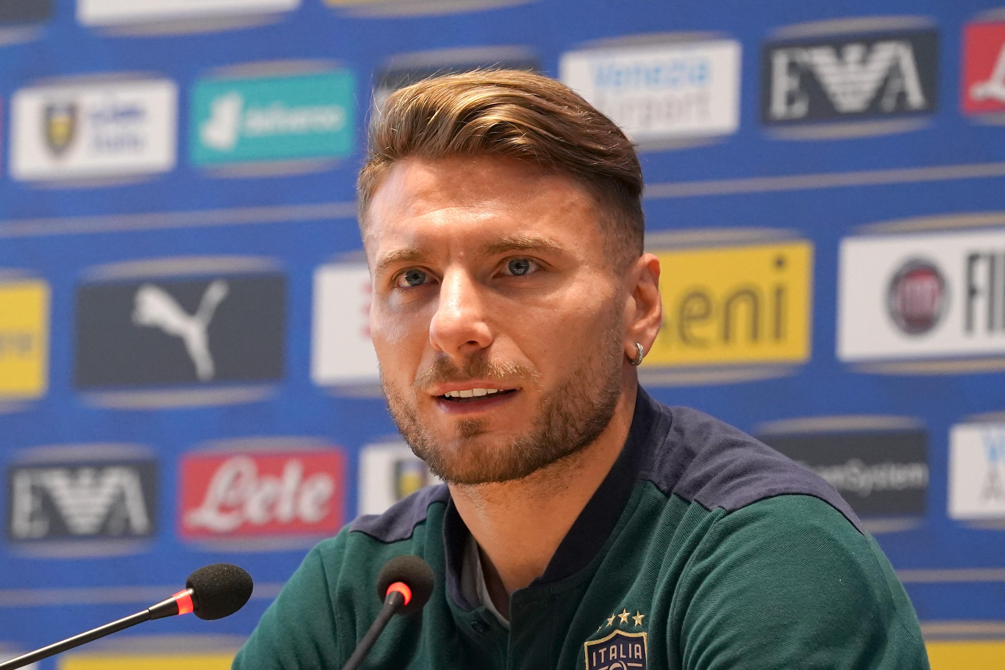 FLORENCE, ITALY - JUNE 29: Ciro Immobile of Italy in action during a press conference at Centro Tecnico Federale di Coverciano on June 29, 2021 in Florence, Italy. (Photo by Claudio Villa/Getty Images)