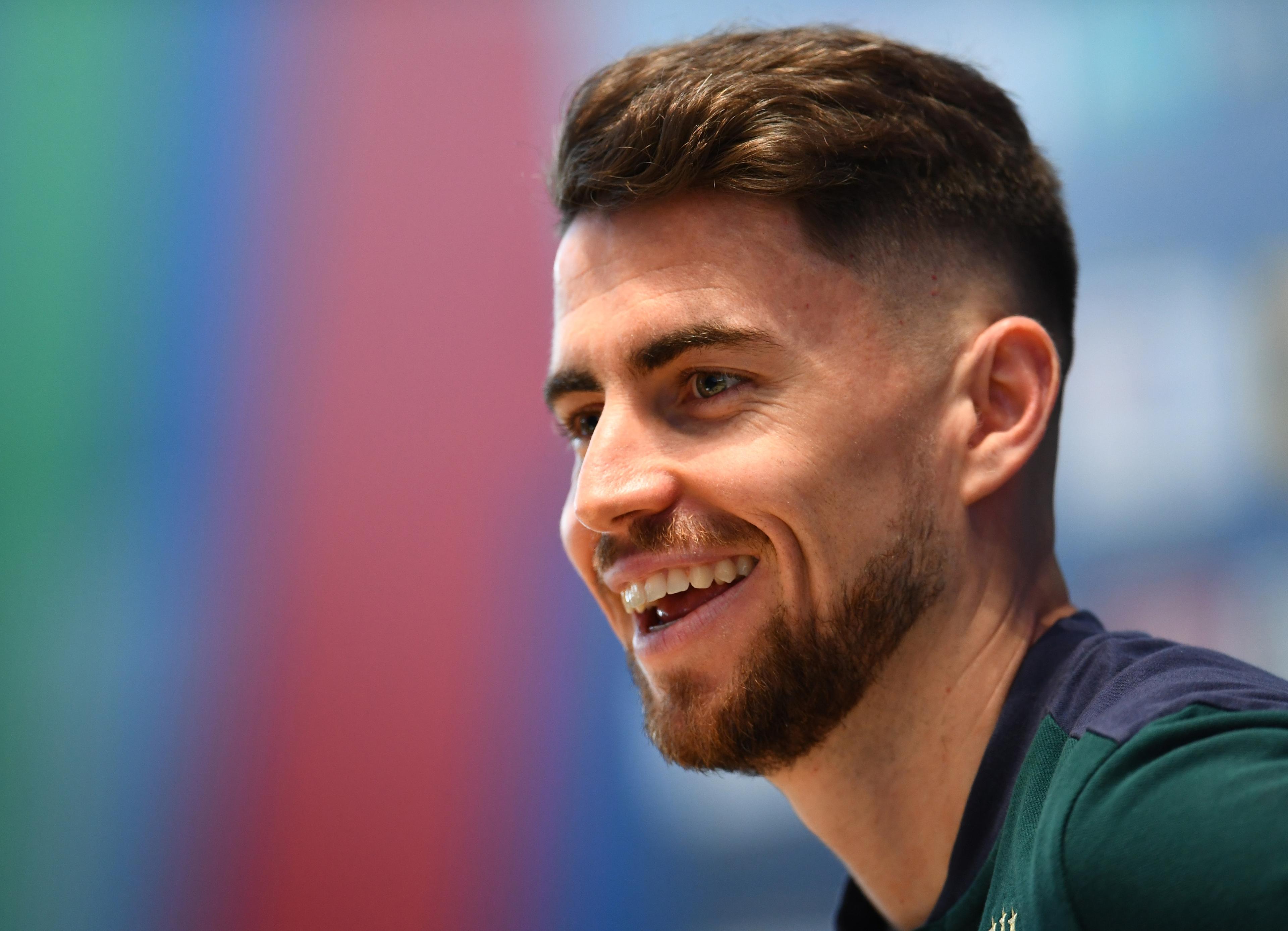 FLORENCE, ITALY - JUNE 30: Jorginho of Italy speaks with the media during press conference at Centro Tecnico Federale di Coverciano on June 30, 2021 in Florence, Italy. (Photo by Claudio Villa/Getty Images)