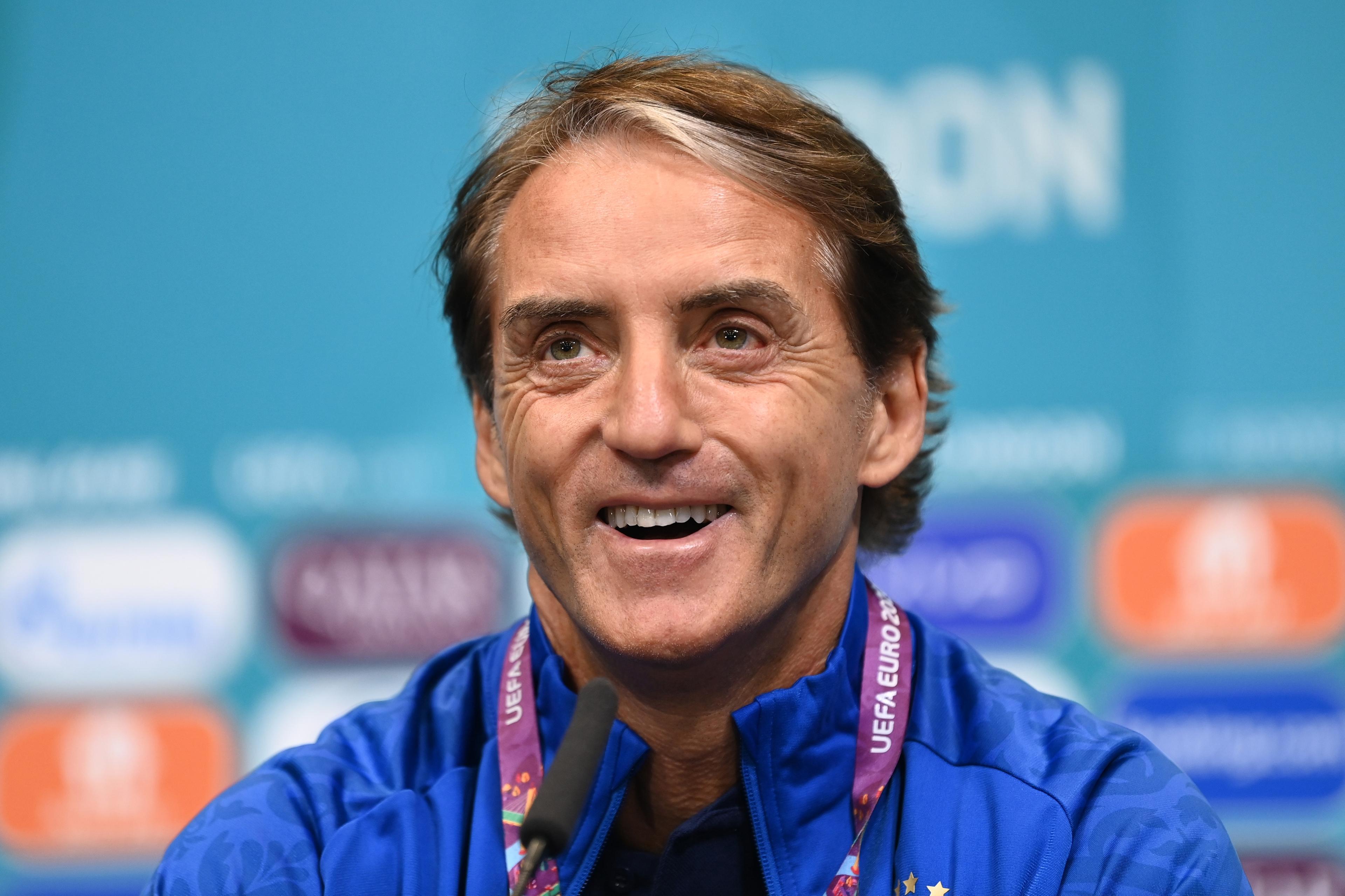 LONDON, ENGLAND - JULY 05: In this handout picture provided by UEFA Roberto Mancini, Head Coach of Italy talks to the media during the Italy Press Conference ahead of the Euro 2020 Semi-Final match between Italy and Spain at Wembley Stadium on July 05, 2021 in London, England. (Photo by UEFA/UEFA via Getty Images)