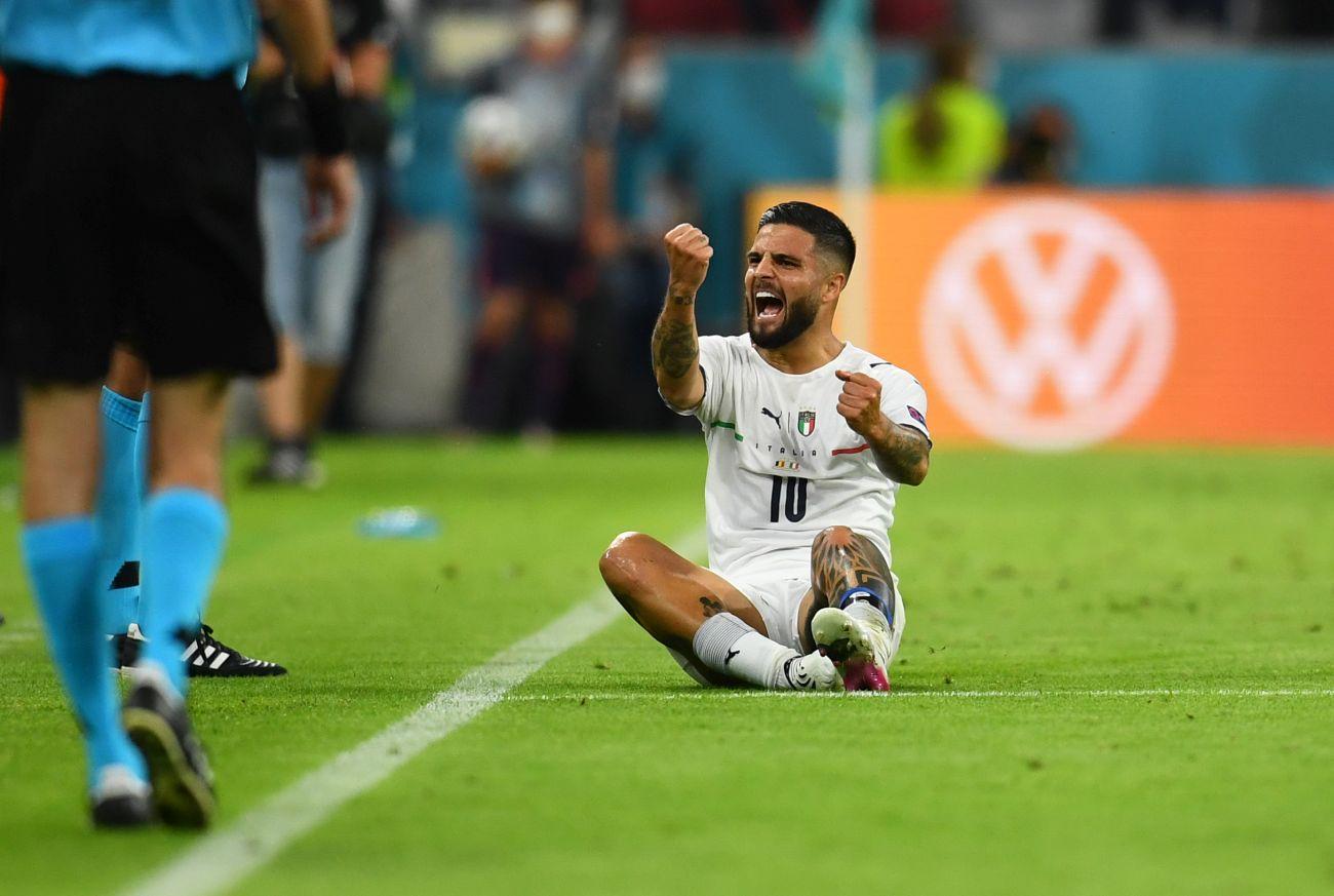 MUNICH, GERMANY - JULY 02: Lorenzo Insigne of Italy celebrates after scoring their side's second goal during the UEFA Euro 2020 Championship Quarter-final match between Belgium and Italy at Football Arena Munich on July 02, 2021 in Munich, Germany. (Photo by Claudio Villa/Getty Images)