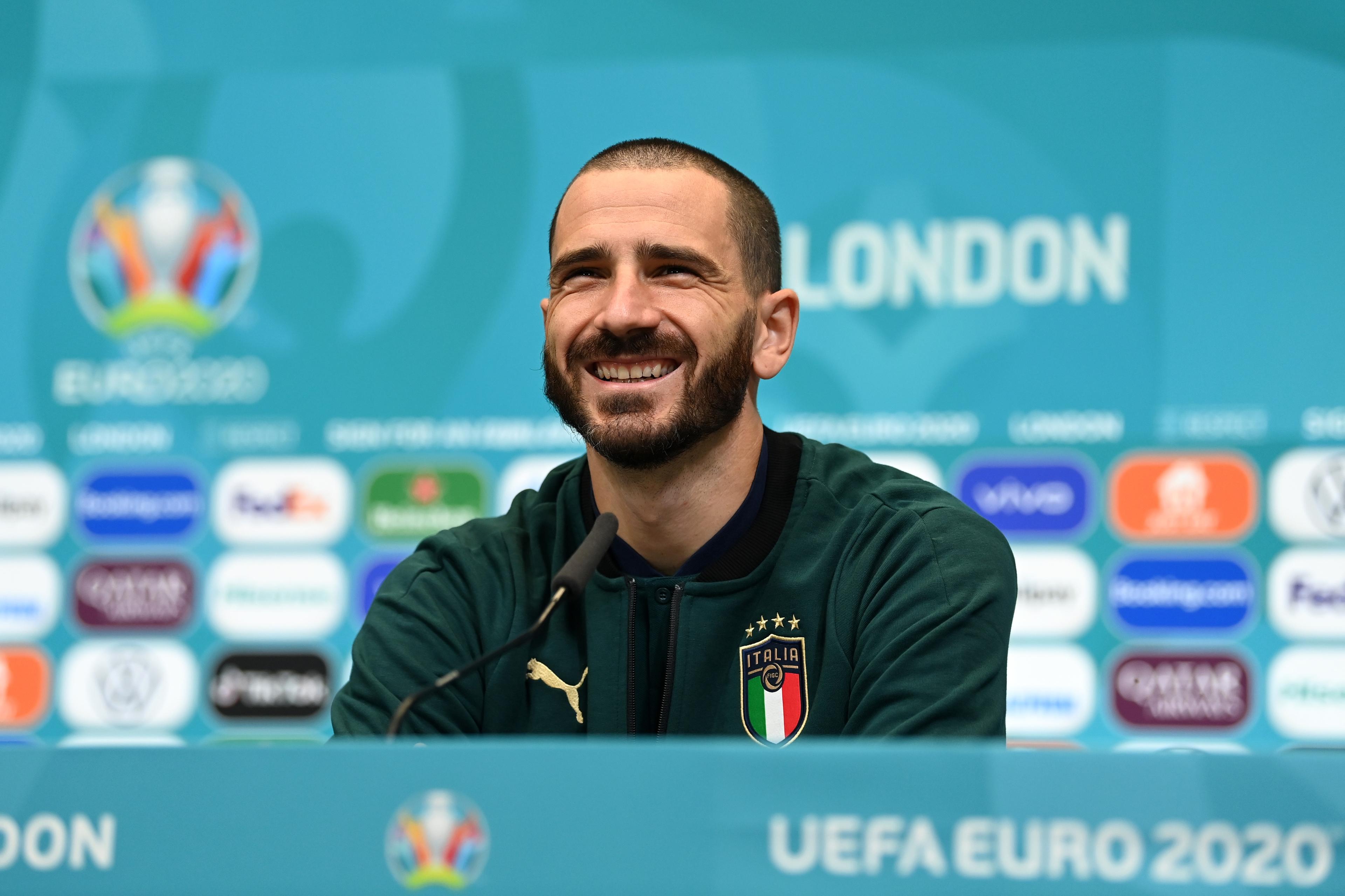 LONDON, ENGLAND - JULY 05: In this handout picture provided by UEFA Leonardo Bonucci of Italy talks to the media during the Italy Press Conference ahead of the Euro 2020 Semi-Final match between Italy and Spain at Wembley Stadium on July 05, 2021 in London, England. (Photo by UEFA/UEFA via Getty Images)