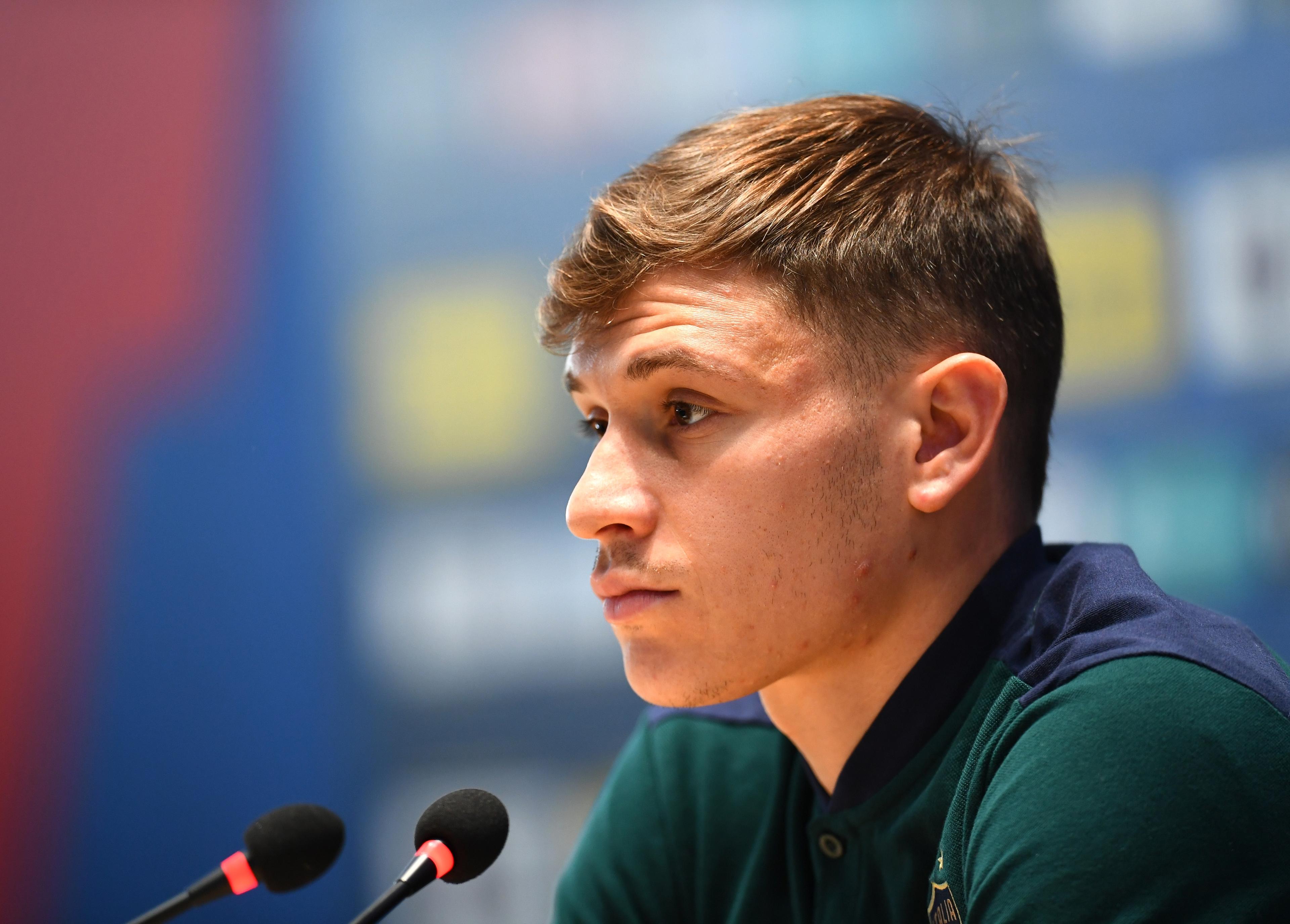 FLORENCE, ITALY - JULY 04: Nicolo Barella of Italy speaks with the media during press conference at Centro Tecnico Federale di Coverciano on July 04, 2021 in Florence, Italy. (Photo by Claudio Villa/Getty Images)