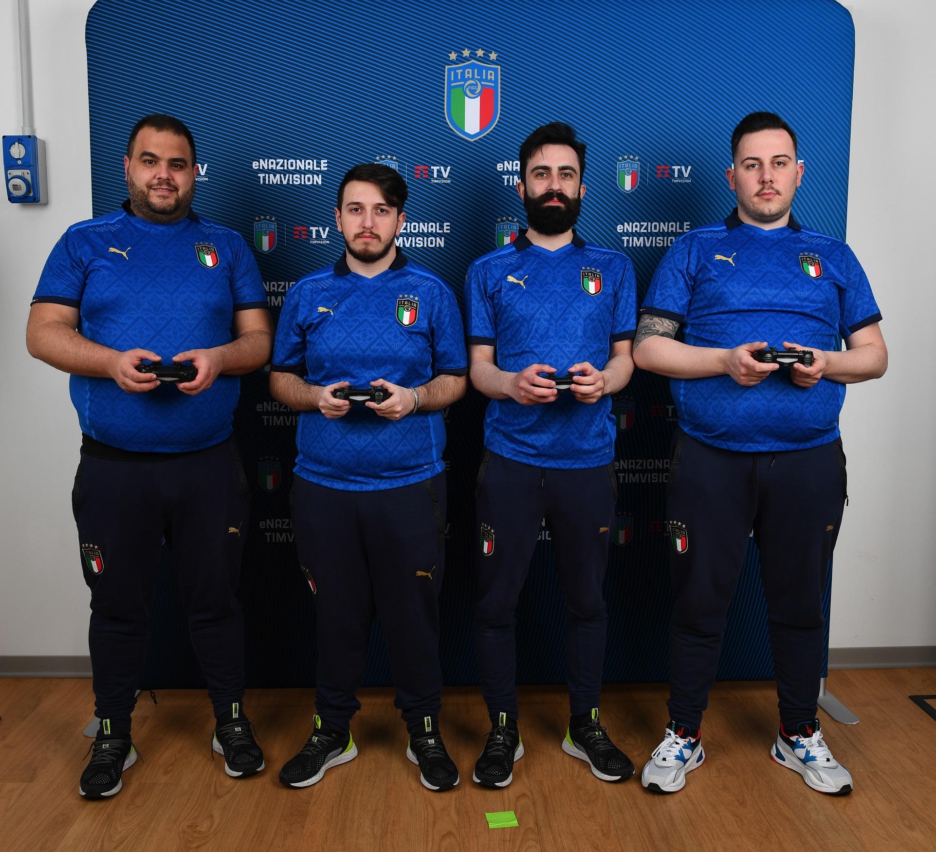 MILAN, ITALY - APRIL 24: Nicola Lillo, Raffaele Pagliuca, Alfonso Mereu and Carmine Liuzzi of Italy pose for a photo ahead the FIFA eNations Cup 2021 Qualifiers on April 24, 2021 in Milan, Italy. (Photo by Claudio Villa/Getty Images)