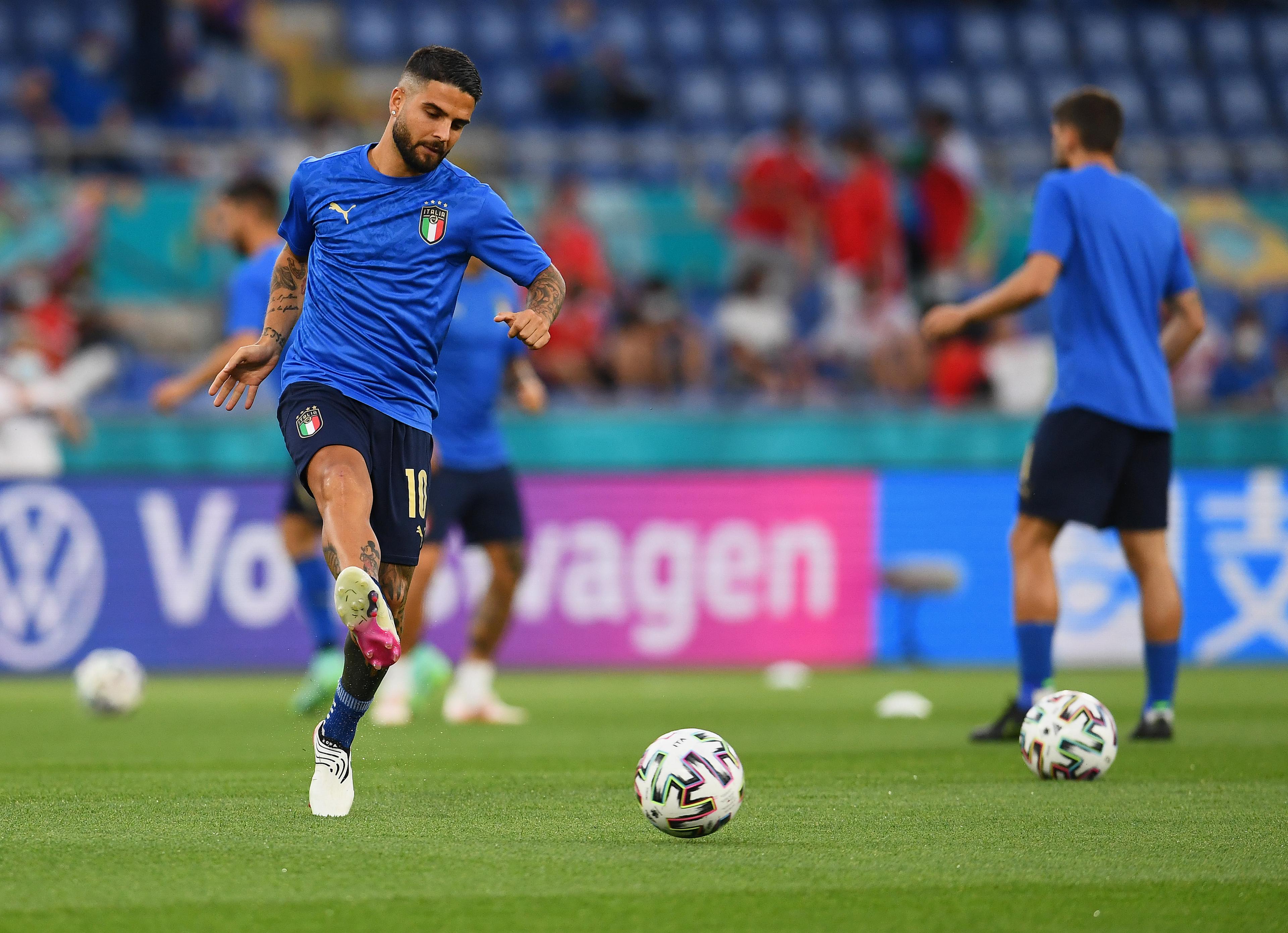 ROME, ITALY - JUNE 16: Lorenzo Insigne of Italy warms up prior to the UEFA Euro 2020 Championship Group A match between Italy and Switzerland at Olimpico Stadium on June 16, 2021 in Rome, Italy. (Photo by Claudio Villa/Getty Images)