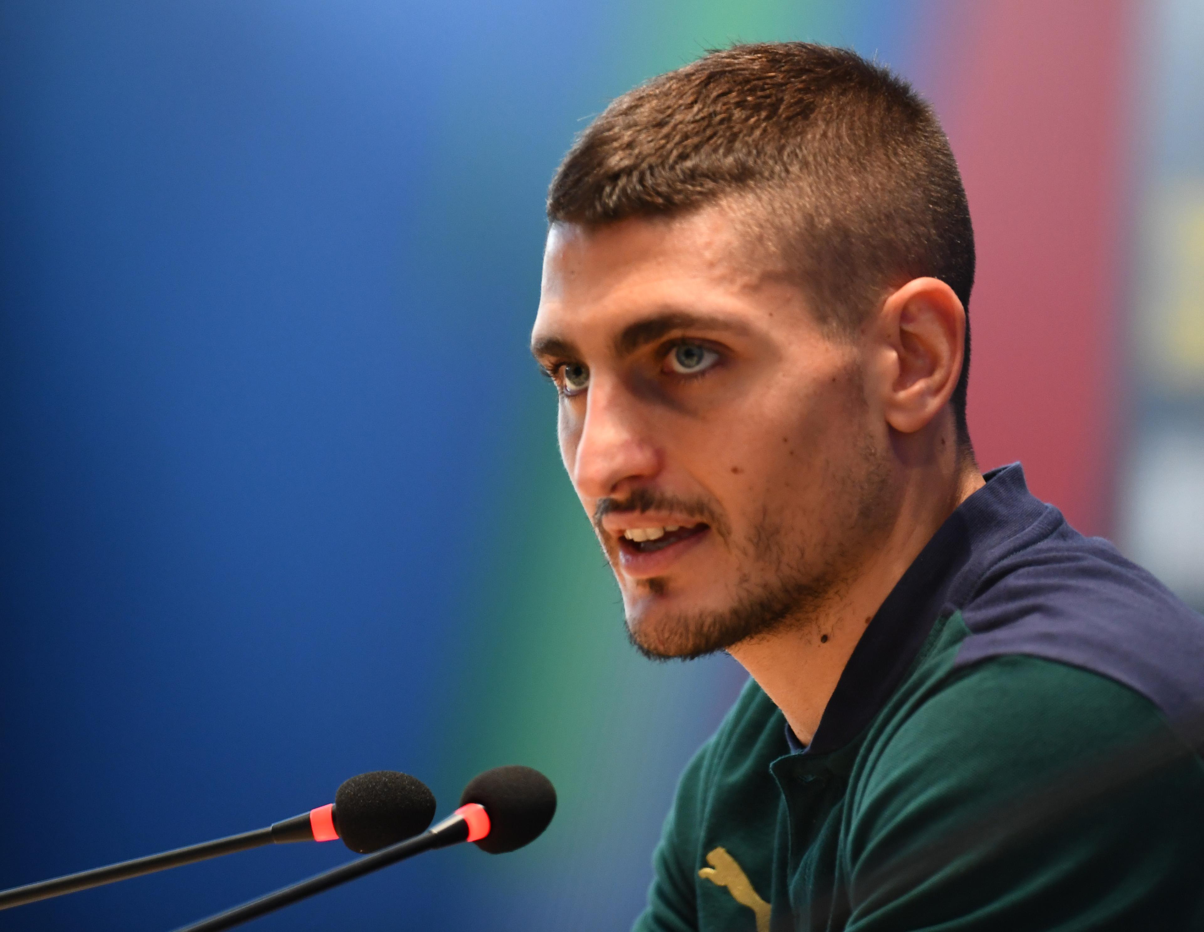 FLORENCE, ITALY - JULY 08: Marco Verratti of Italy speaks with the media during press conference at Centro Tecnico Federale di Coverciano on July 08, 2021 in Florence, Italy. (Photo by Claudio Villa/Getty Images)