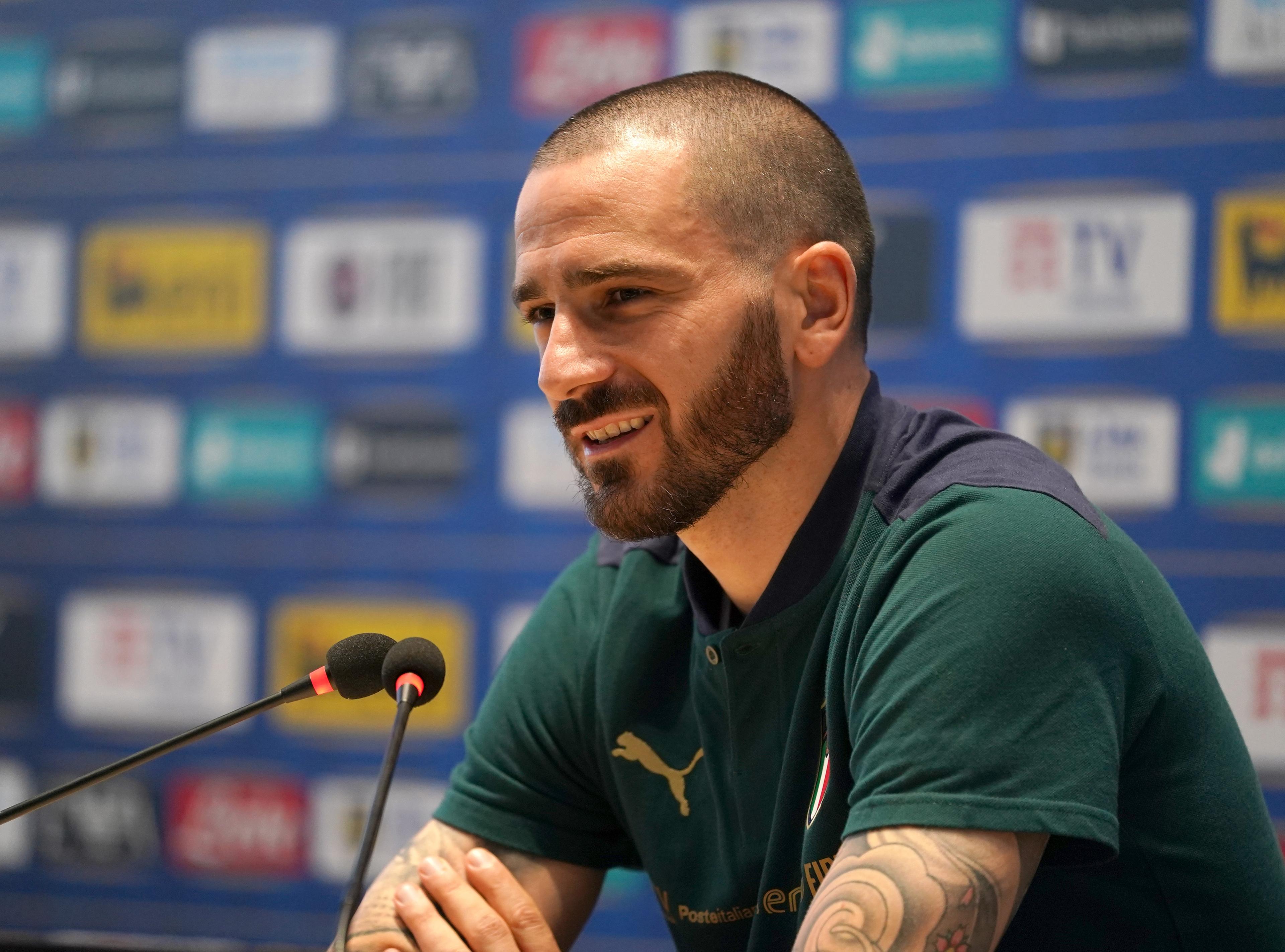 FLORENCE, ITALY - JULY 09: Leonardo Bonucci of Italy speaks with the media during press conference at Centro Tecnico Federale di Coverciano on July 09, 2021 in Florence, Italy. (Photo by Claudio Villa/Getty Images)