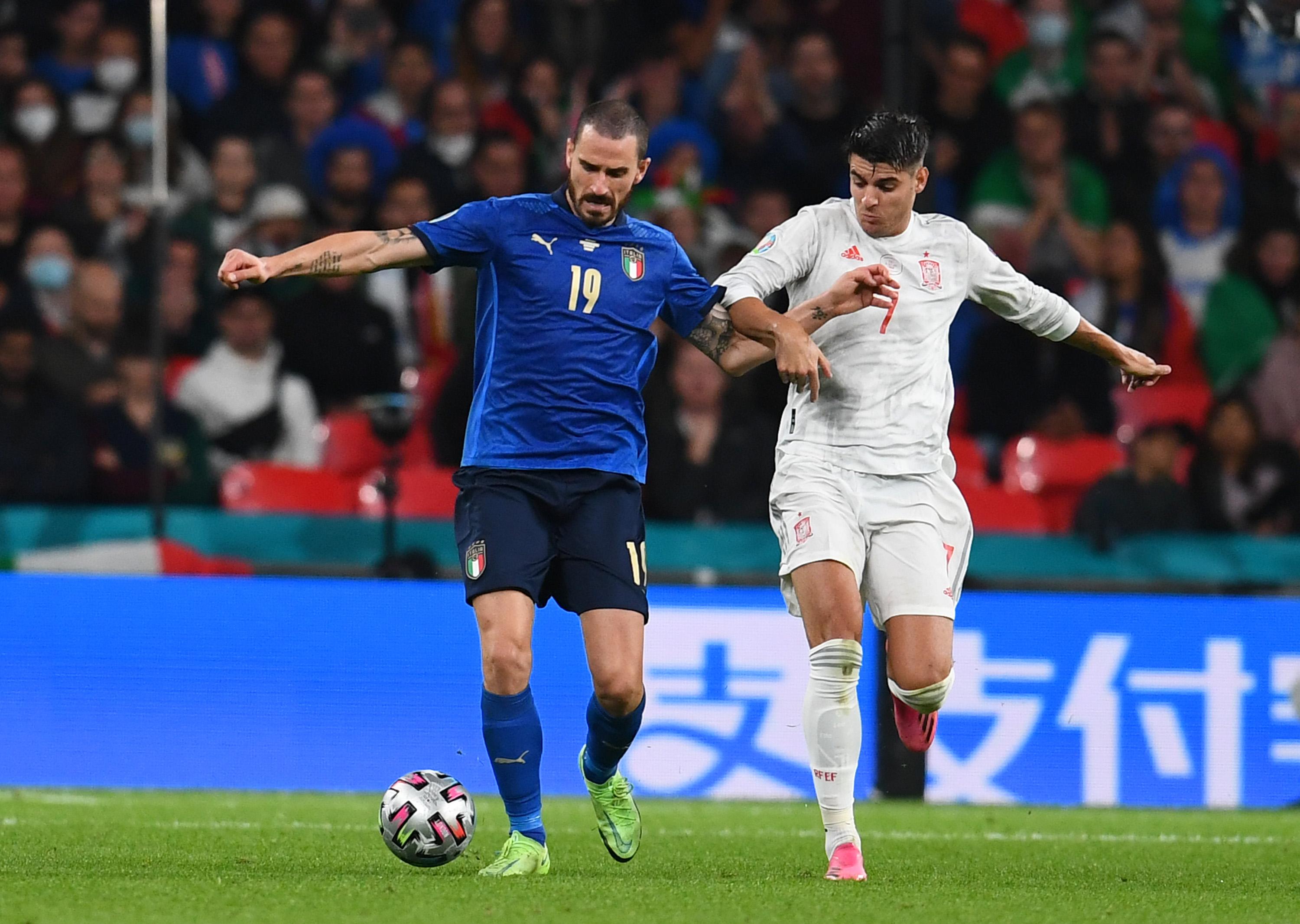 LONDON, ENGLAND - JULY 06: Leonardo Bonucci of Italy and Alvaro Morata of Spain compete for the ball during the UEFA Euro 2020 Championship Semi-final match between Italy and Spain at Wembley Stadium on July 06, 2021 in London, England. (Photo by Claudio Villa/Getty Images)