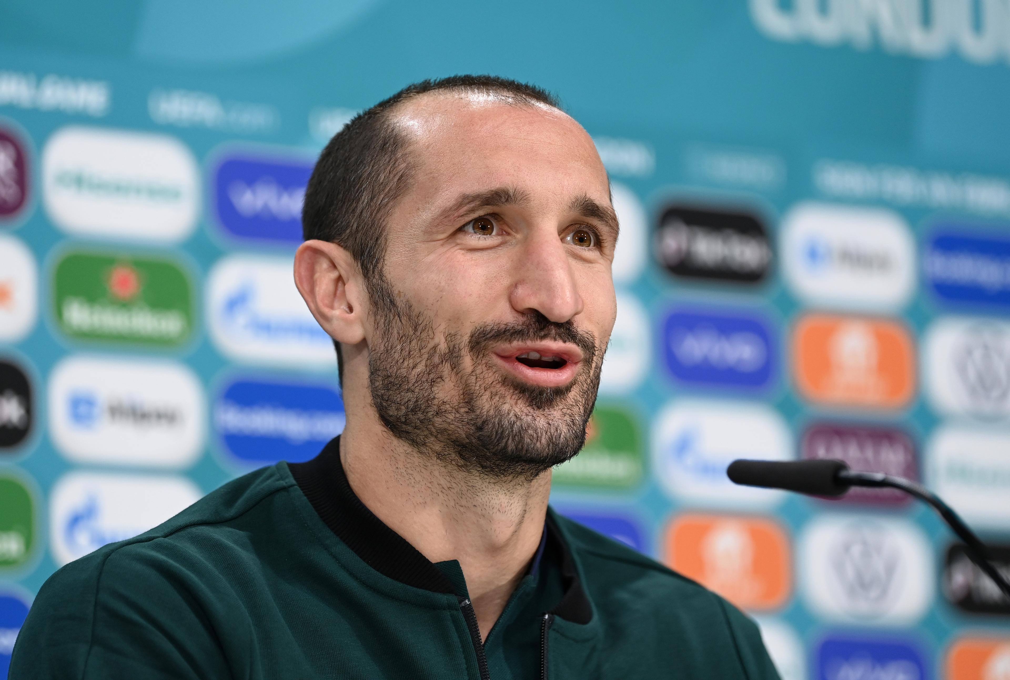 ENFIELD, ENGLAND - JULY 10: In this handout picture provided by UEFA, Giorgio Chiellini of Italy speaks to the media during the Italy Press Conference ahead of the Euro 2020 Final match between Italy and England at Tottenham Hotspur Training Centre on July 10, 2021 in Enfield, England. (Photo by UEFA/UEFA via Getty Images)