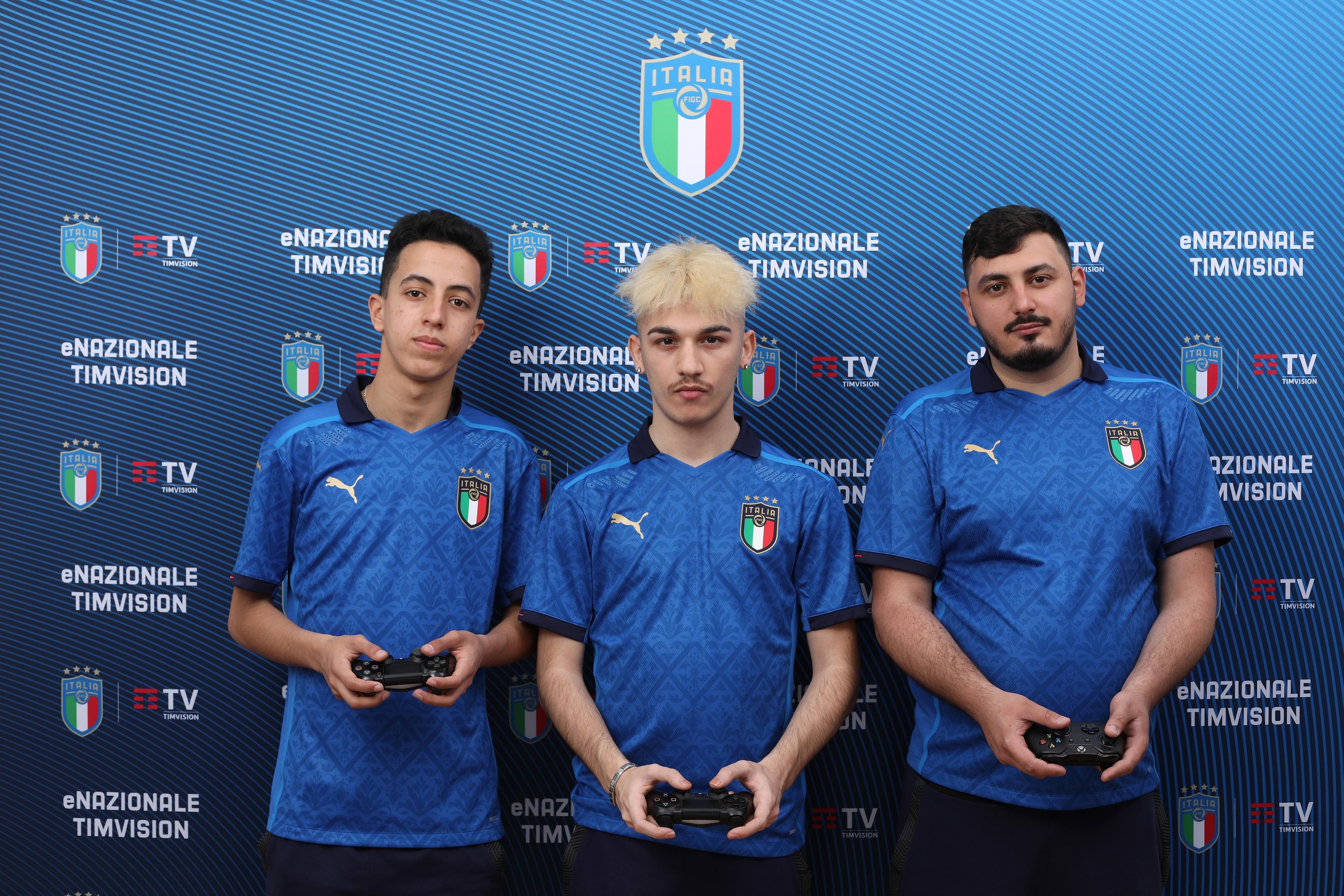 MILAN, ITALY - MAY 20: Karim Rmaiti, Rocco Guarino and Gianluca Pignone of Italy pose for a photo ahead the FIFA eNations Cup 2021 Qualifiers on May 20, 2021 in Milan, Italy. (Photo by Vincenzo Lombardo/Getty Images)