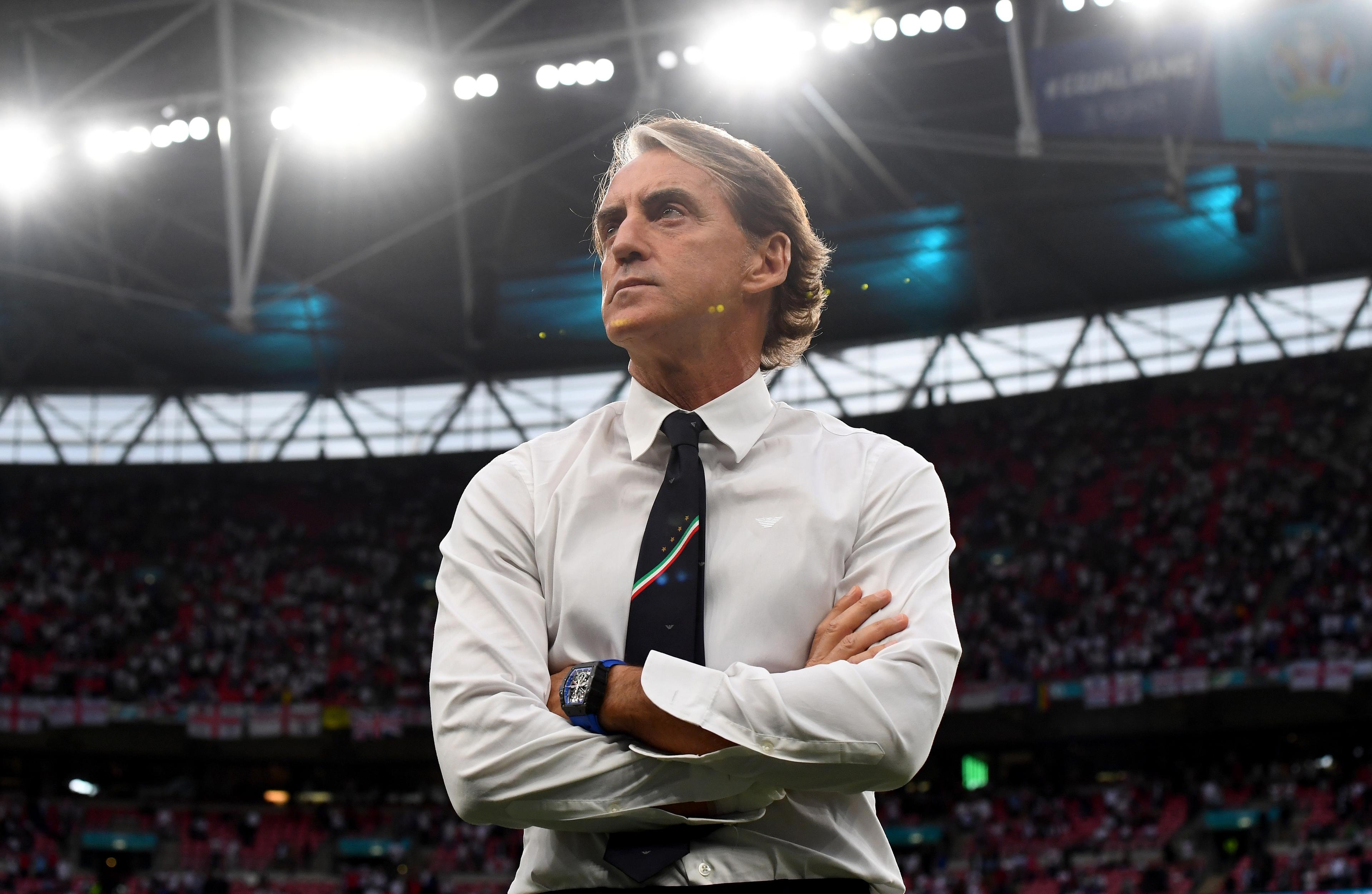 LONDON, ENGLAND - JULY 11: Roberto Mancini, Head Coach of Italy looks on prior to the UEFA Euro 2020 Championship Final between Italy and England at Wembley Stadium on July 11, 2021 in London, England. (Photo by Claudio Villa/Getty Images)