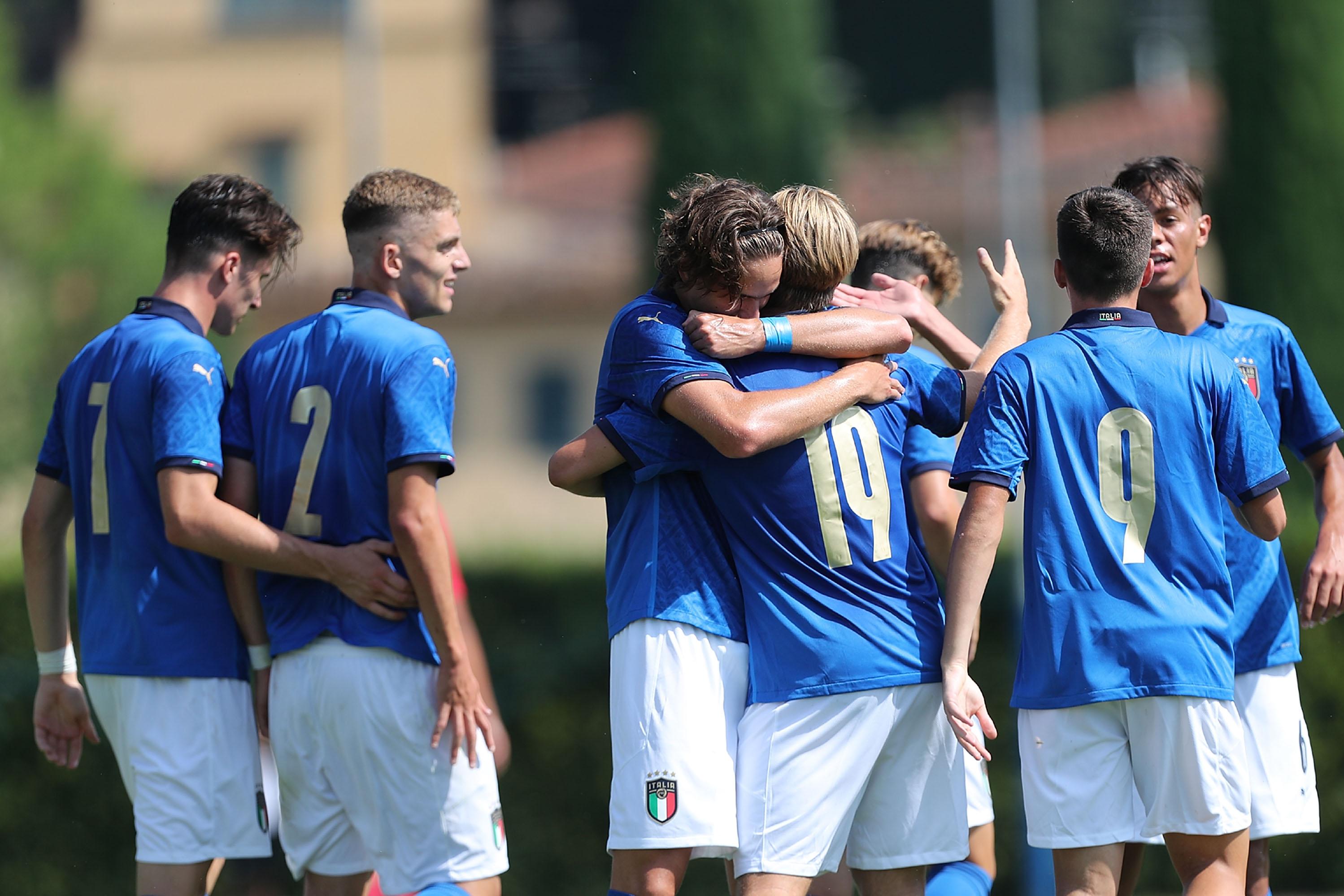 FLORENCE, ITALY - AUGUST 13: Tommaso De Nipoti of Italy U19 celebrates after scoring a goal during the match between Italy U19 and Albania U19 at Centro Tecnico Federale di Coverciano on August 13, 2021 in Florence, Italy. (Photo by Gabriele Maltinti/Getty Images)