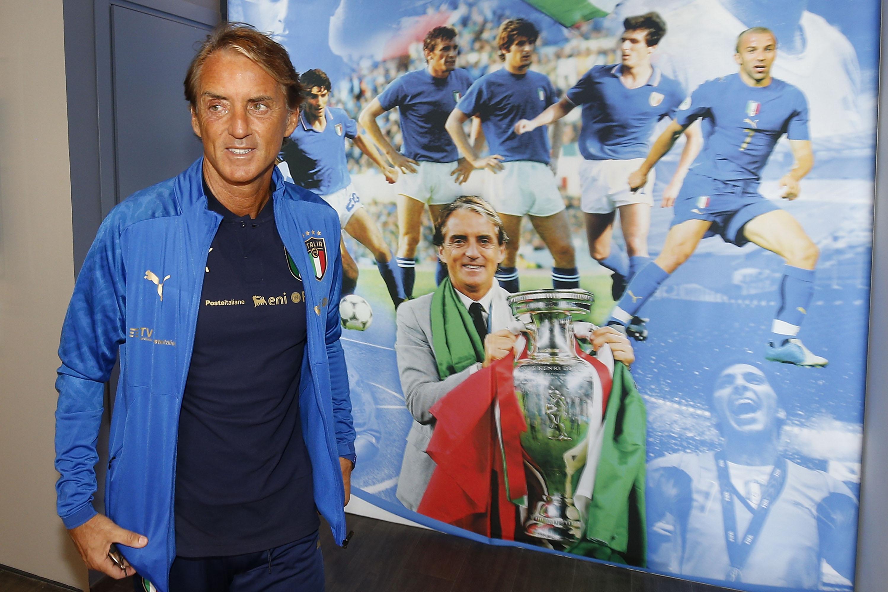 FLORENCE, ITALY - AUGUST 30: Roberto Mancini manager of Italy visit The Museo del Calcio during FIGC Partners Day at Centro Tecnico Federale di Coverciano on August 30, 2021 in Florence, Italy.  (Photo by Gabriele Maltinti/Getty Images) *** Local Caption *** Roberto Mancini