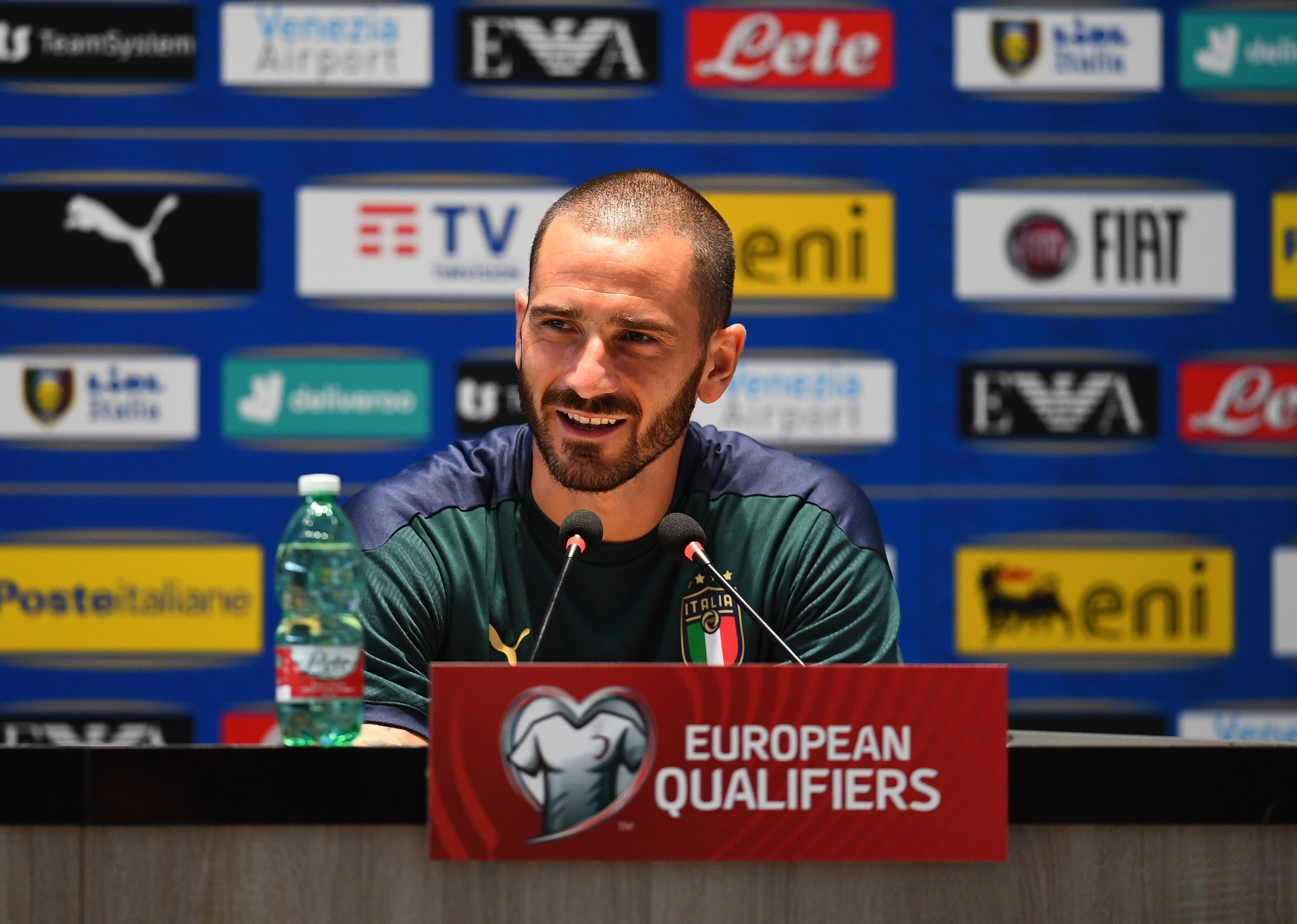 FLORENCE, ITALY - SEPTEMBER 01: Leonardo Bonucci of Italy speaks with the media during press conference at Centro Tecnico Federale di Coverciano on September 01, 2021 in Florence, Italy. (Photo by Claudio Villa/Getty Images)