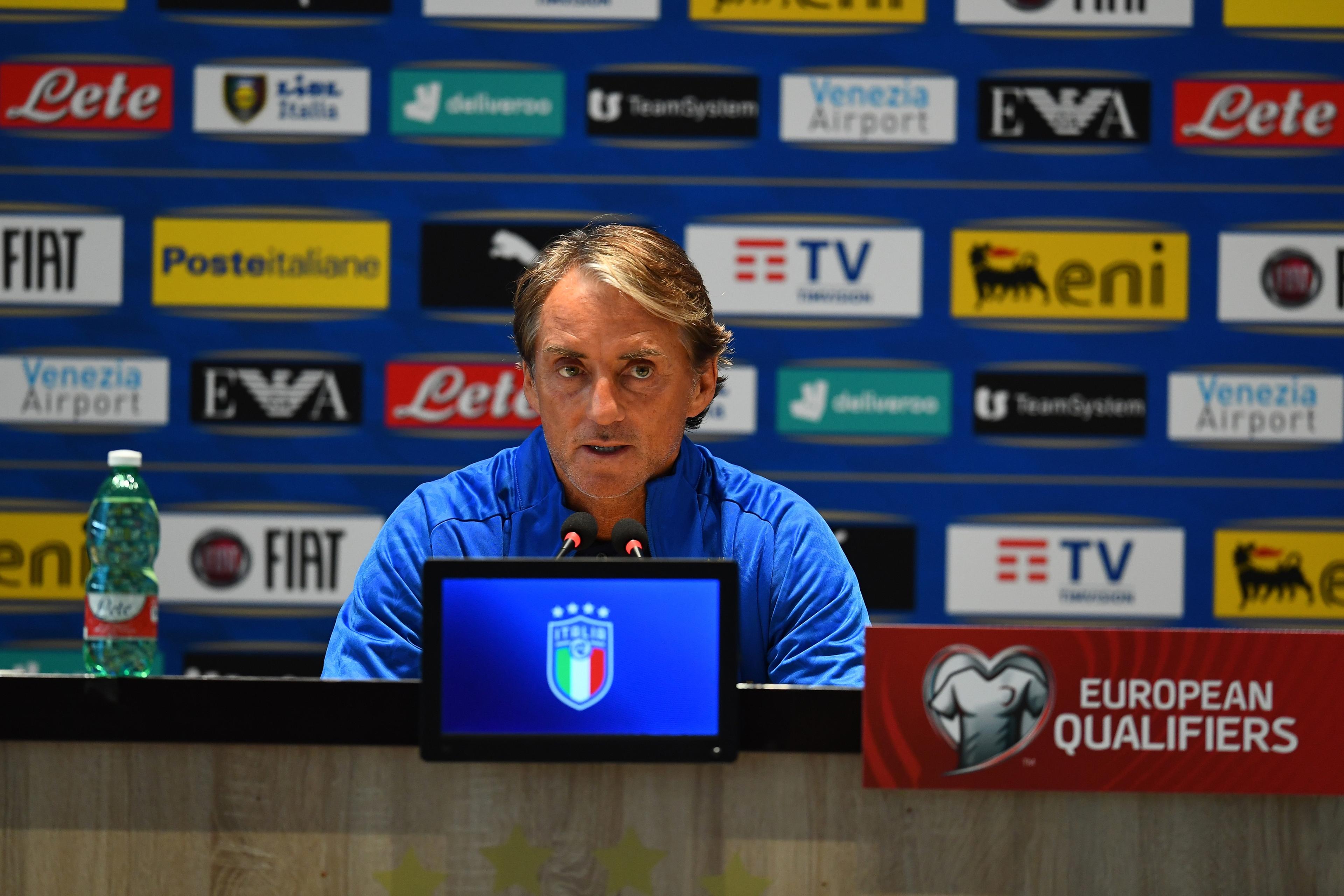 FLORENCE, ITALY - SEPTEMBER 01:  Head coach of Italy Roberto Mancini speaks with the media during press conference at Centro Tecnico Federale di Coverciano on September 01, 2021 in Florence, Italy. (Photo by Claudio Villa/Getty Images)