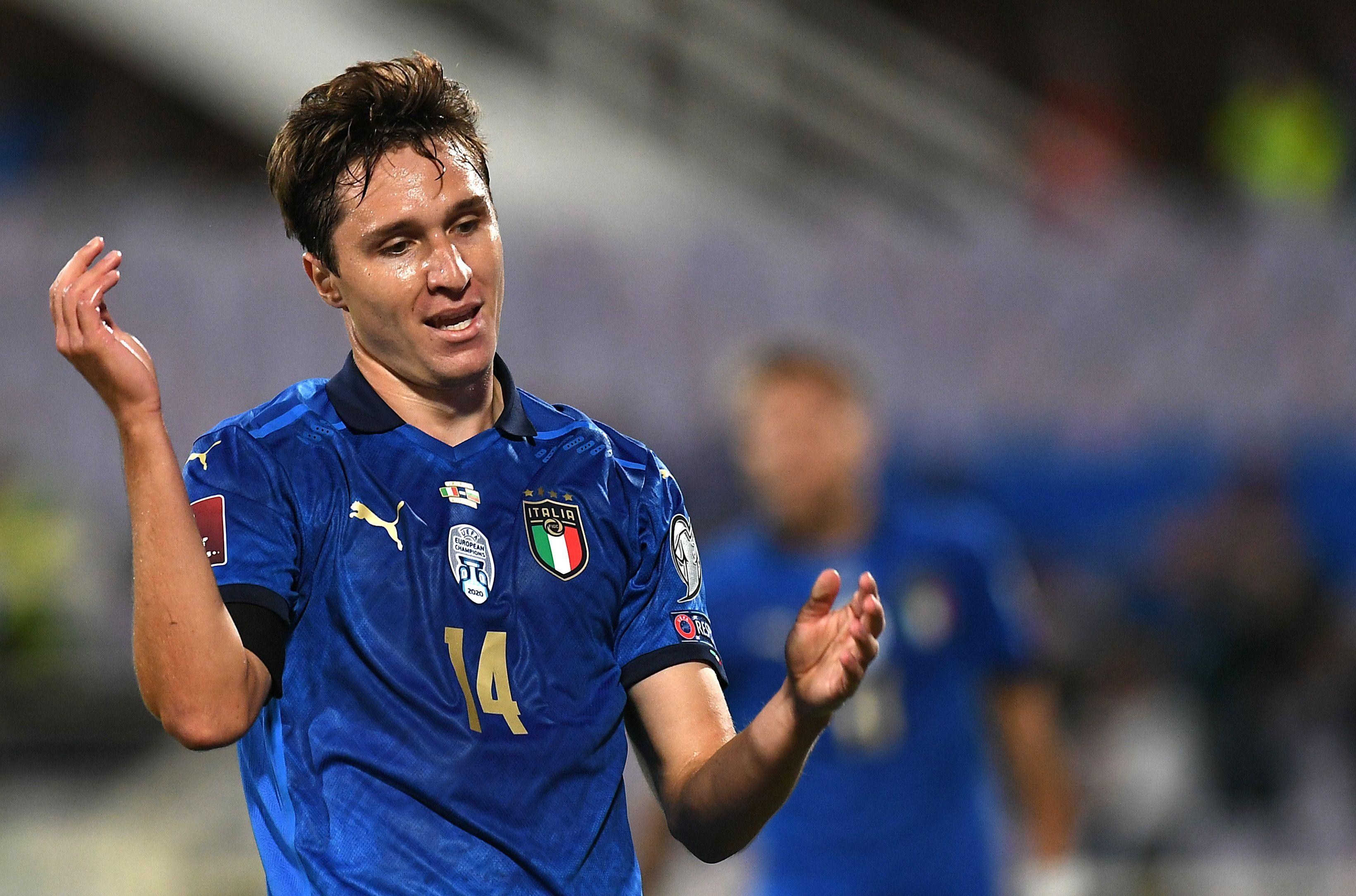 FLORENCE, ITALY - SEPTEMBER 02: Federico Chiesa of Italy reacts during the 2022 FIFA World Cup Qualifier match between Italy and Bulgaria at Artemio Franchi on September 02, 2021 in Florence, Italy. (Photo by Alessandro Sabattini/Getty Images)