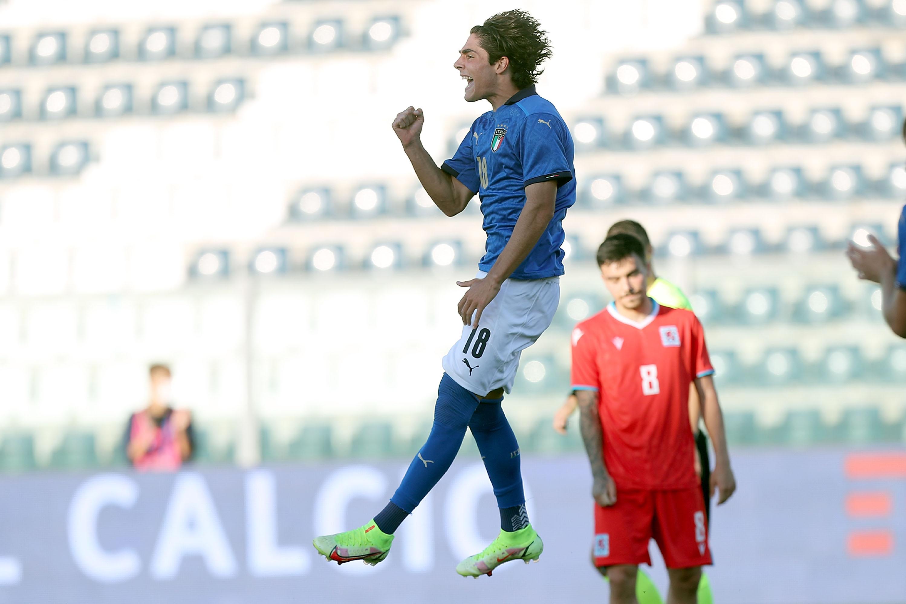 EMPOLI, ITALY - SEPTEMBER 03: Matteo Cancellieri of Italy U21 celebrates after scoring a goal during the UEFA European Under-21 Championship Qualifier between Italy U21 and Luxembourg U21 at Stadio Carlo Castellani on September 3, 2021 in Empoli, Italy.  (Photo by Gabriele Maltinti/Getty Images) *** Local Caption *** Matteo Cancellieri