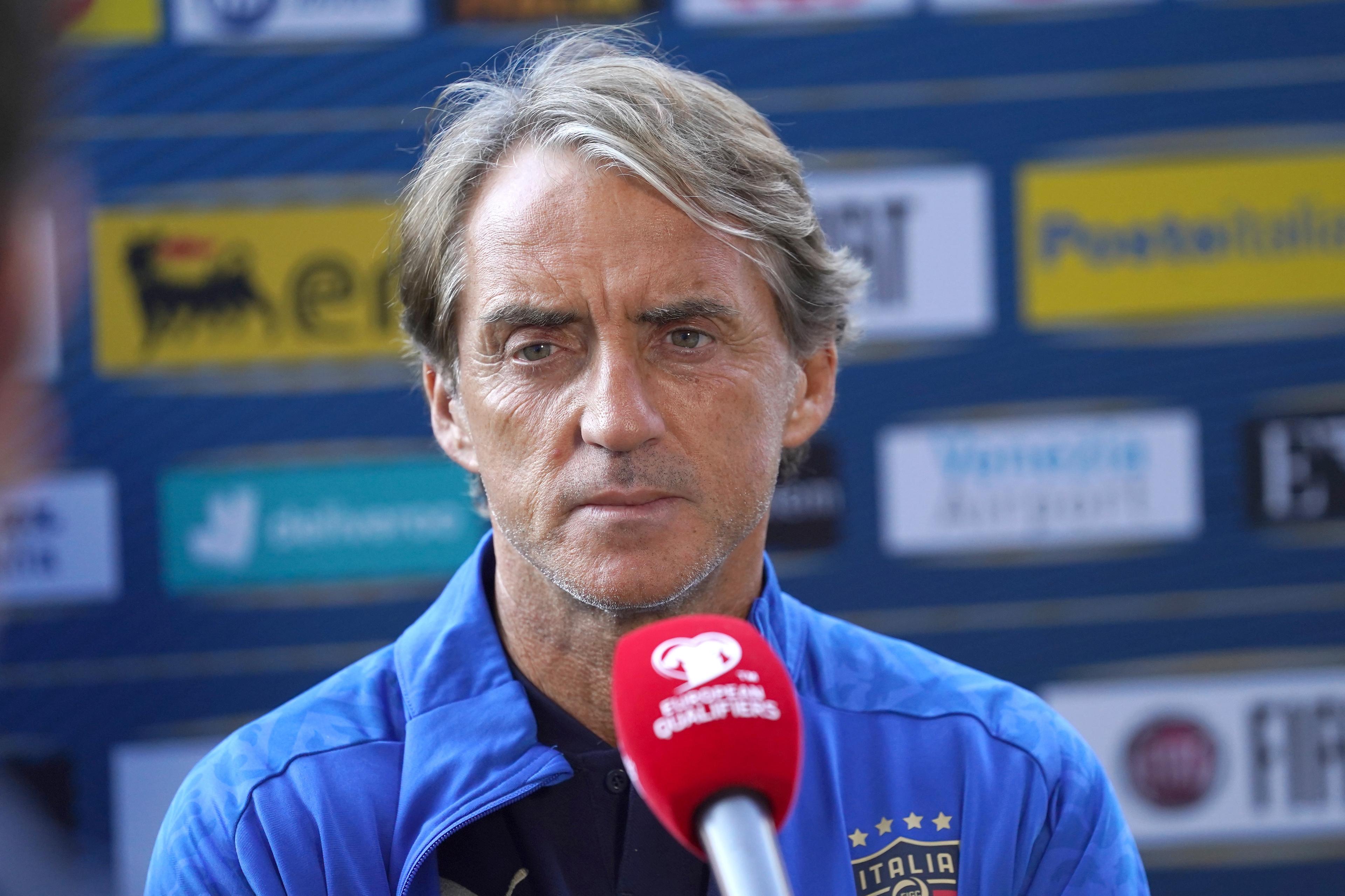 BASEL, SWITZERLAND - SEPTEMBER 04: Head coach Italy Roberto Mancini speaks with the media during press conference at St Jacob Park on September 04, 2021 in Basel, Switzerland. (Photo by Claudio Villa/Getty Images)