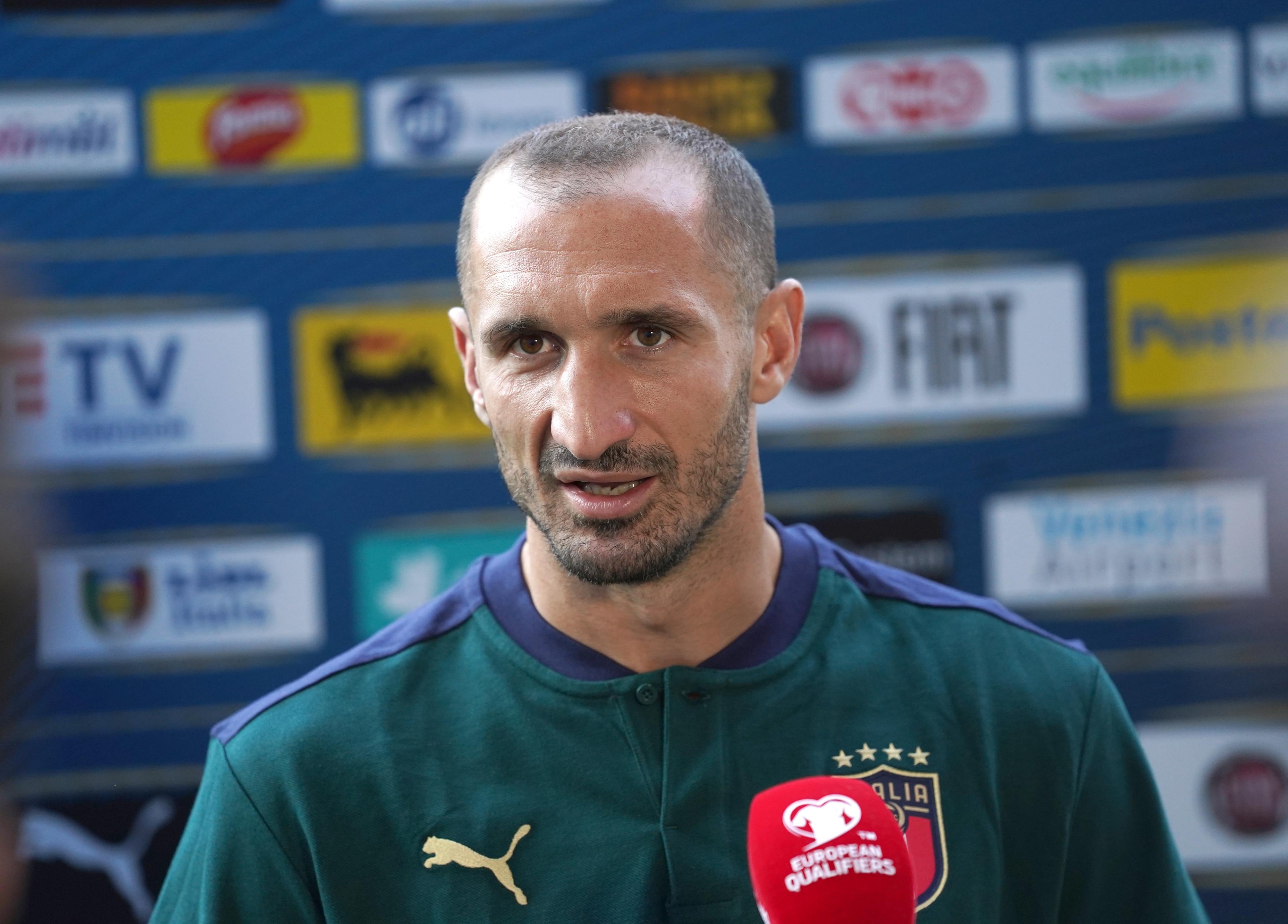 BASEL, SWITZERLAND - SEPTEMBER 04: Girgio Chiellini of Italy speaks with the media during press conference at St Jacob Park on September 04, 2021 in Basel, Switzerland. (Photo by Claudio Villa/Getty Images)