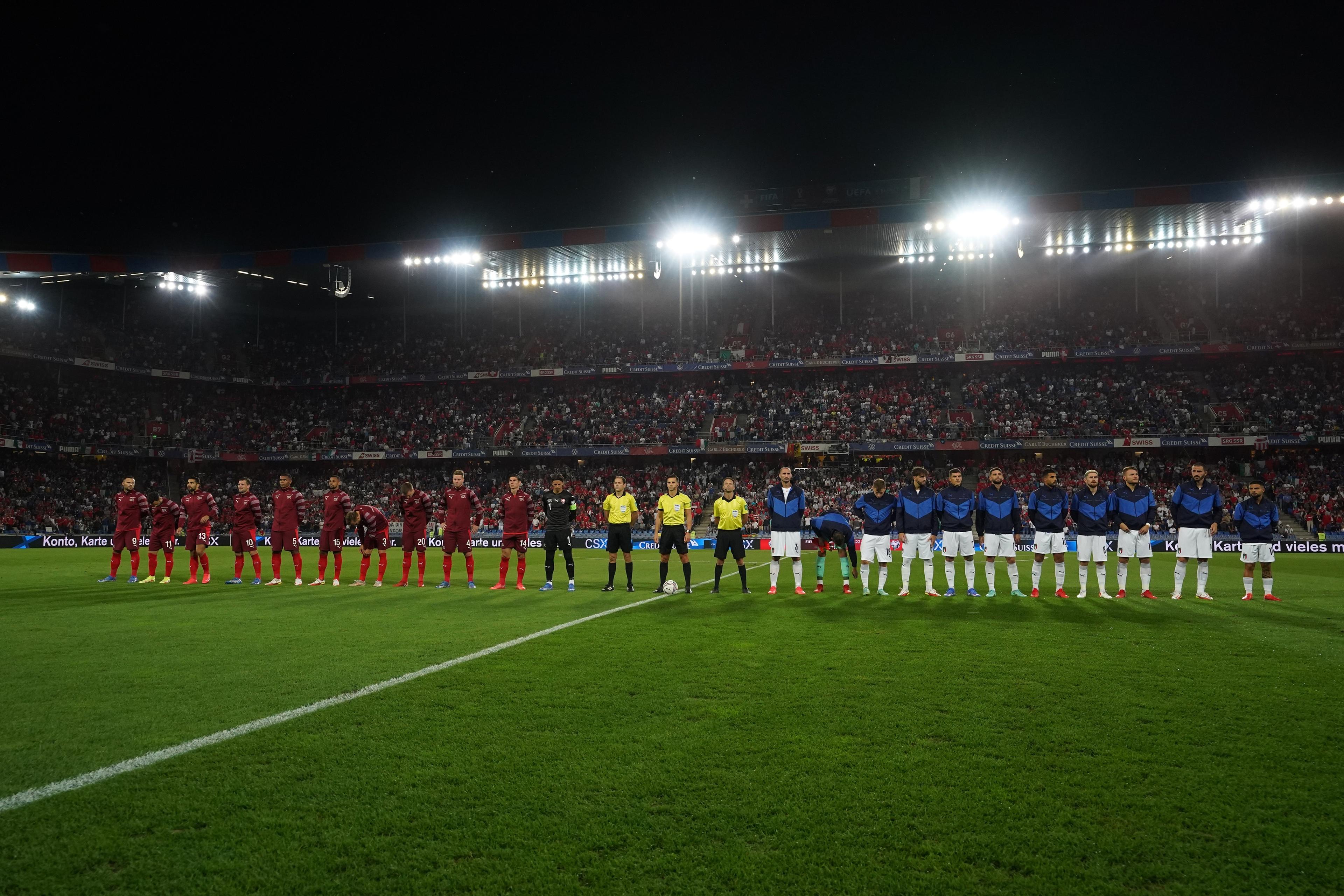 BASEL, SWITZERLAND - SEPTEMBER 05: Switzerland and Italy lineup during the 2022 FIFA World Cup Qualifier match between Switzerland and Italy at St Jacob Park on September 05, 2021 in Basel, Basel-Stadt. (Photo by Claudio Villa/Getty Images)