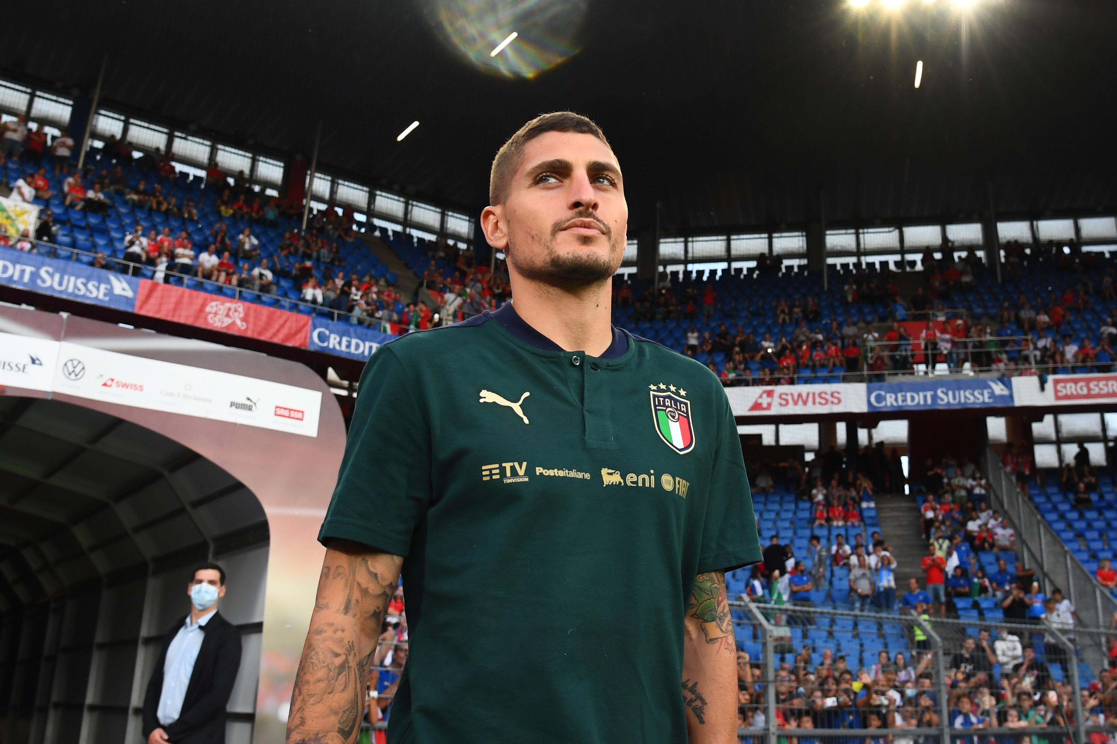 BASEL, SWITZERLAND - SEPTEMBER 05:  Marco Verratti of Italy arrives before the 2022 FIFA World Cup Qualifier match between Switzerland and Italy at St Jacob Park on September 05, 2021 in Basel, Basel-Stadt. (Photo by Claudio Villa/Getty Images)