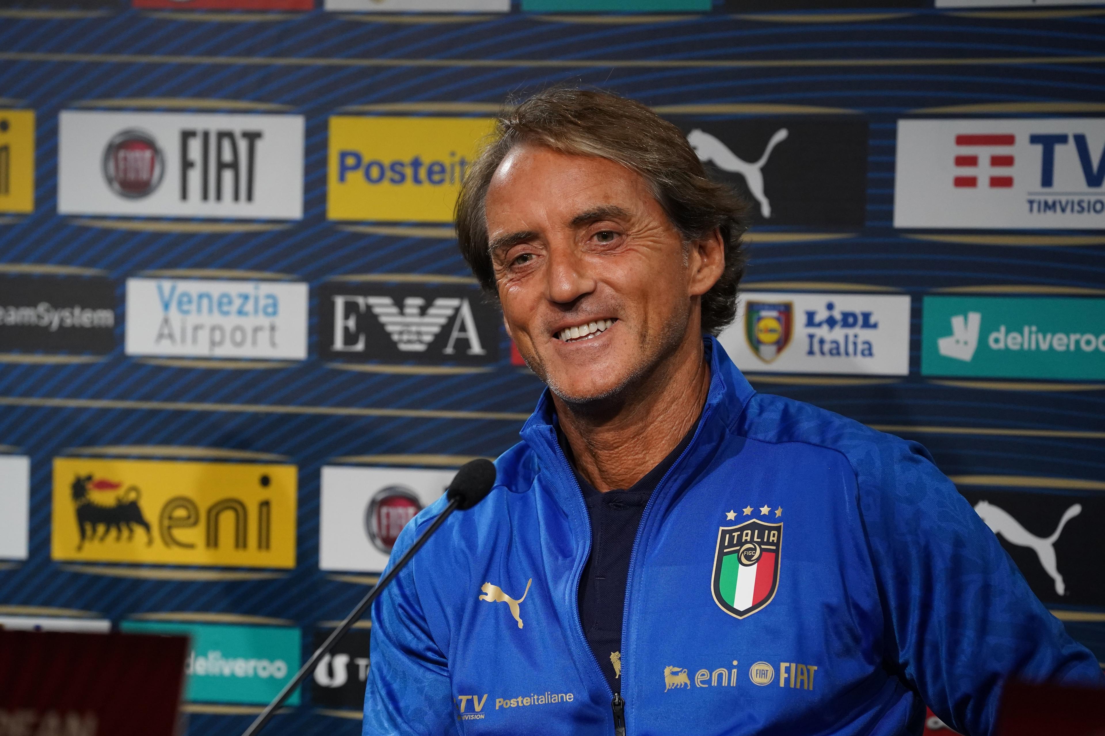 REGGIO NELL\\'EMILIA, ITALY - SEPTEMBER 07: Head coach Italy Roberto Mancini speaks with the media during press conference at Mapei Stadium - Citta\\' del Tricolore on September 07, 2021 in Reggio nell\\'Emilia, Italy. (Photo by Claudio Villa/Getty Images)