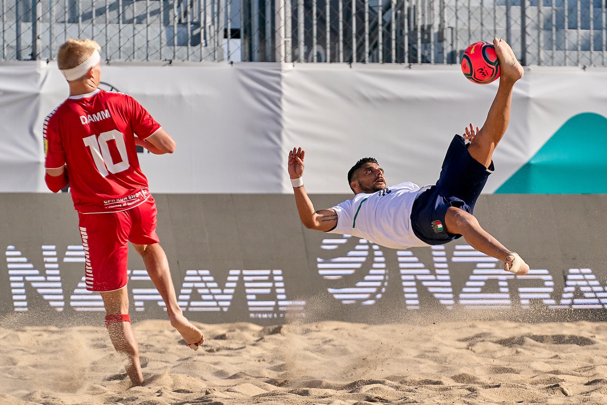 NAZARE, PORTUGAL - JUNE 22: during the match between Italy and Denmark during day 2 of the FIFA Beach Soccer World Cup - Europe Qualifier Nazare 2021 at Estadio do Viveiro on June 22, 2021 in Nazare, Portugal. (Photo by Jose Manuel Alvarez/BSWW)