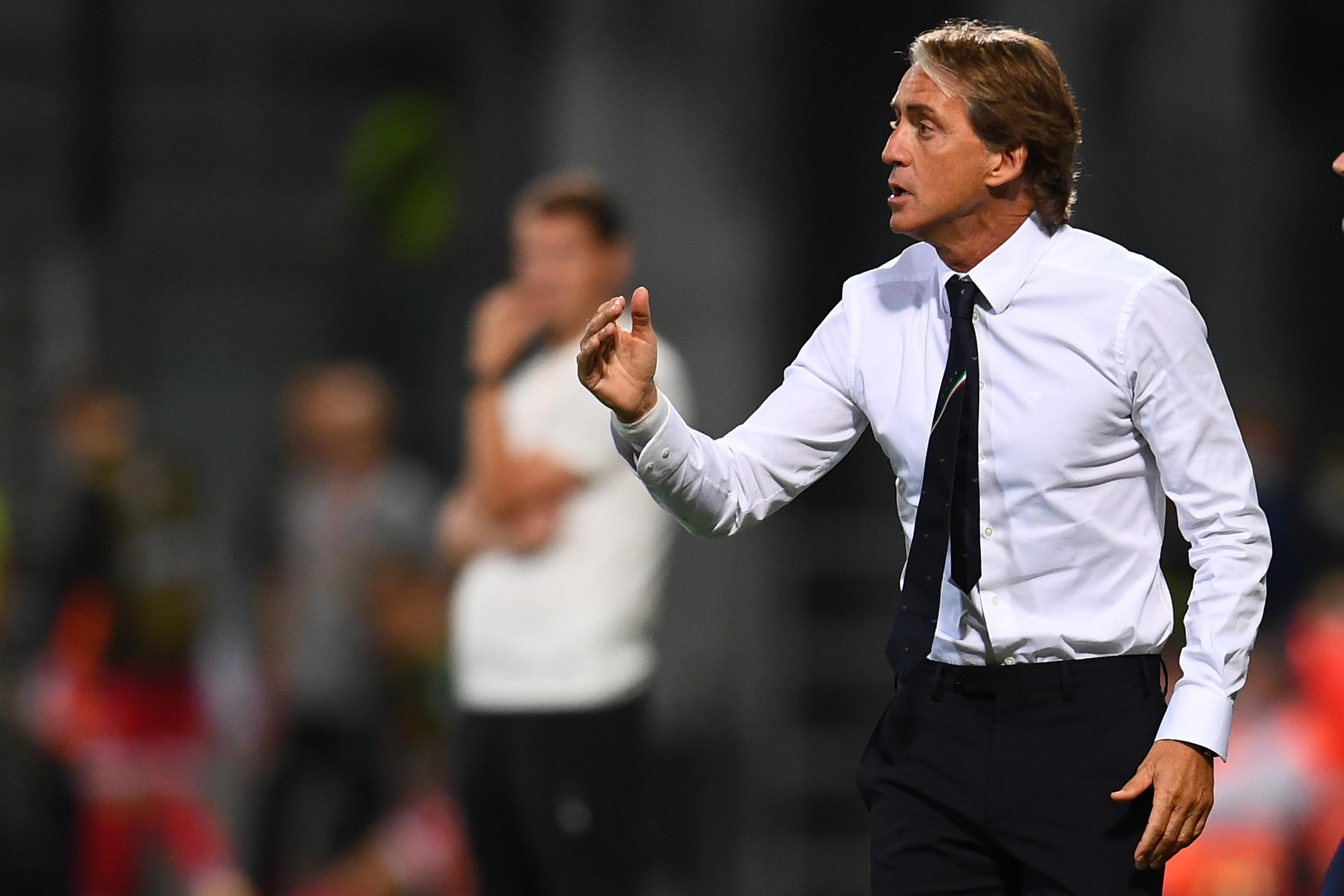 REGGIO NELL\\'EMILIA, ITALY - SEPTEMBER 08:  Head coach of Italy Roberto Mancini reacts during the 2022 FIFA World Cup Qualifier match between Italy and Lithuania at Mapei Stadium - Citta\\' del Tricolore on September 08, 2021 in Reggio nell\\'Emilia, . (Photo by Claudio Villa/Getty Images)