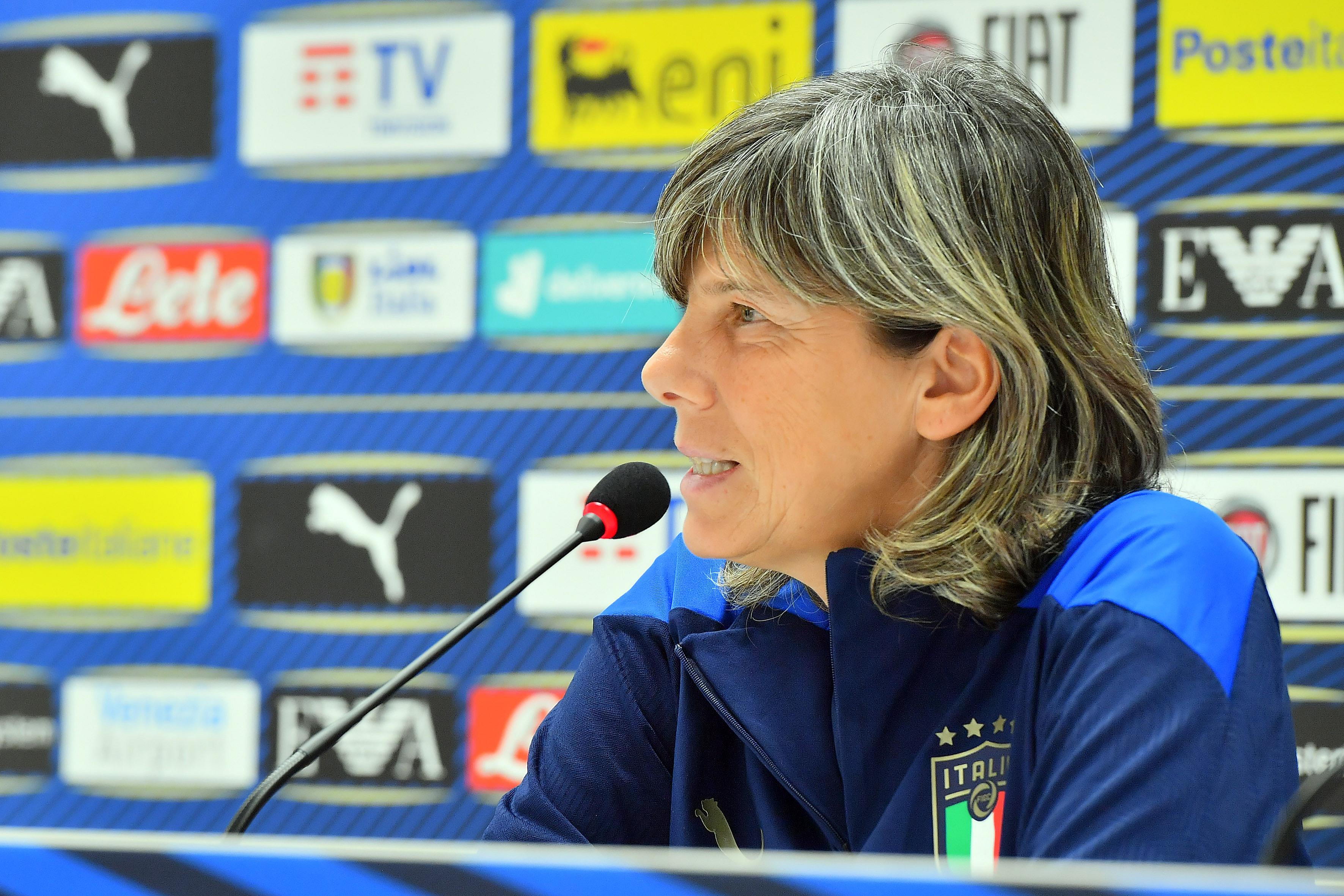 TRIESTE, ITALY - SEPTEMBER 16: Italy Women's head coach Milena Bertolini talks to media during a press conference at Stadio Nereo Rocco on September 16, 2021 in Trieste, Italy. (Photo by Getty Images/Getty Images)