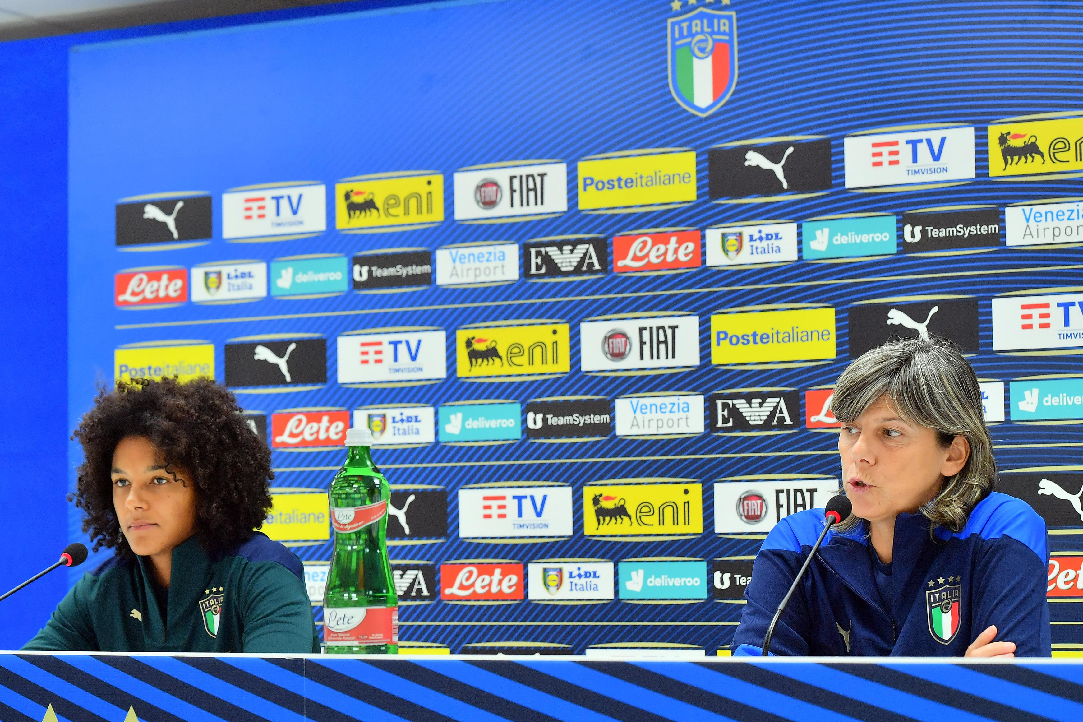 TRIESTE, ITALY - SEPTEMBER 16: Italy Women captain Sara Gama (L) and Italy Women\\'s head coach Milena Bertolini talk to media during a press conference at Stadio Nereo Rocco on September 16, 2021 in Trieste, Italy. (Photo by Getty Images/Getty Images)