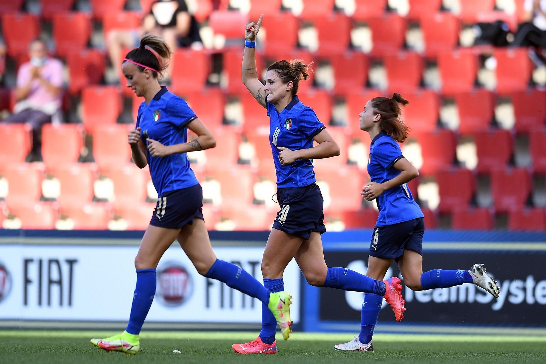 TRIESTE, ITALY - SEPTEMBER 17: Cristiana Girelli of Italy Women  celebrates after scoring the opening goal during the FIFA Women\\'s World Cup 2023 Qualifier group G match between Italy and Moldova at Stadio Nereo Rocco on September 17, 2021 in Trieste , Italy. (Photo by Alessandro Sabattini/Getty Images)