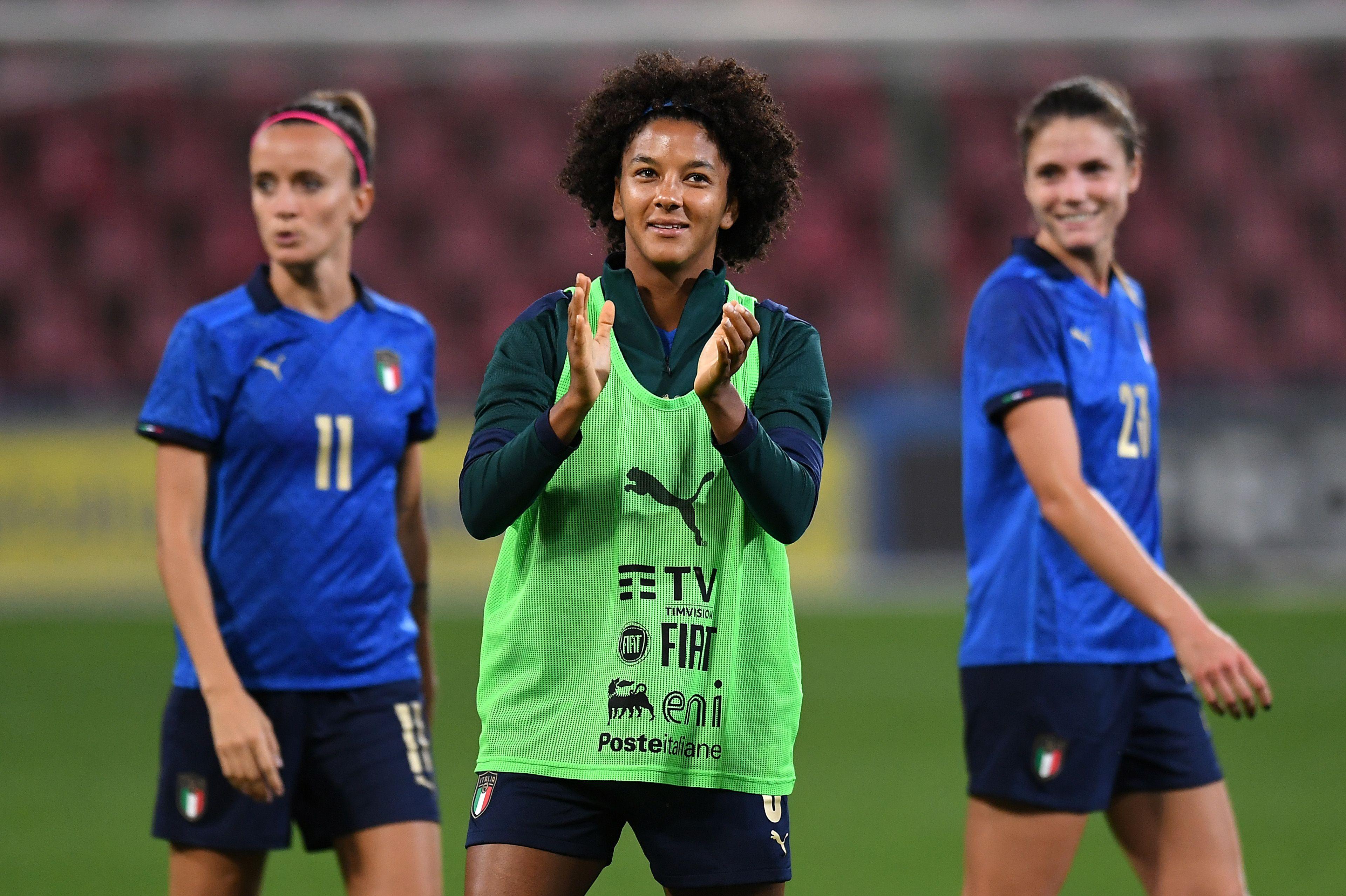 TRIESTE, ITALY - SEPTEMBER 17: Sara Gama of Italy Women celebrates the victory during the FIFA Women's World Cup 2023 Qualifier group G match between Italy and Moldova at Stadio Nereo Rocco on September 17, 2021 in Trieste , Italy. (Photo by Alessandro Sabattini/Getty Images)