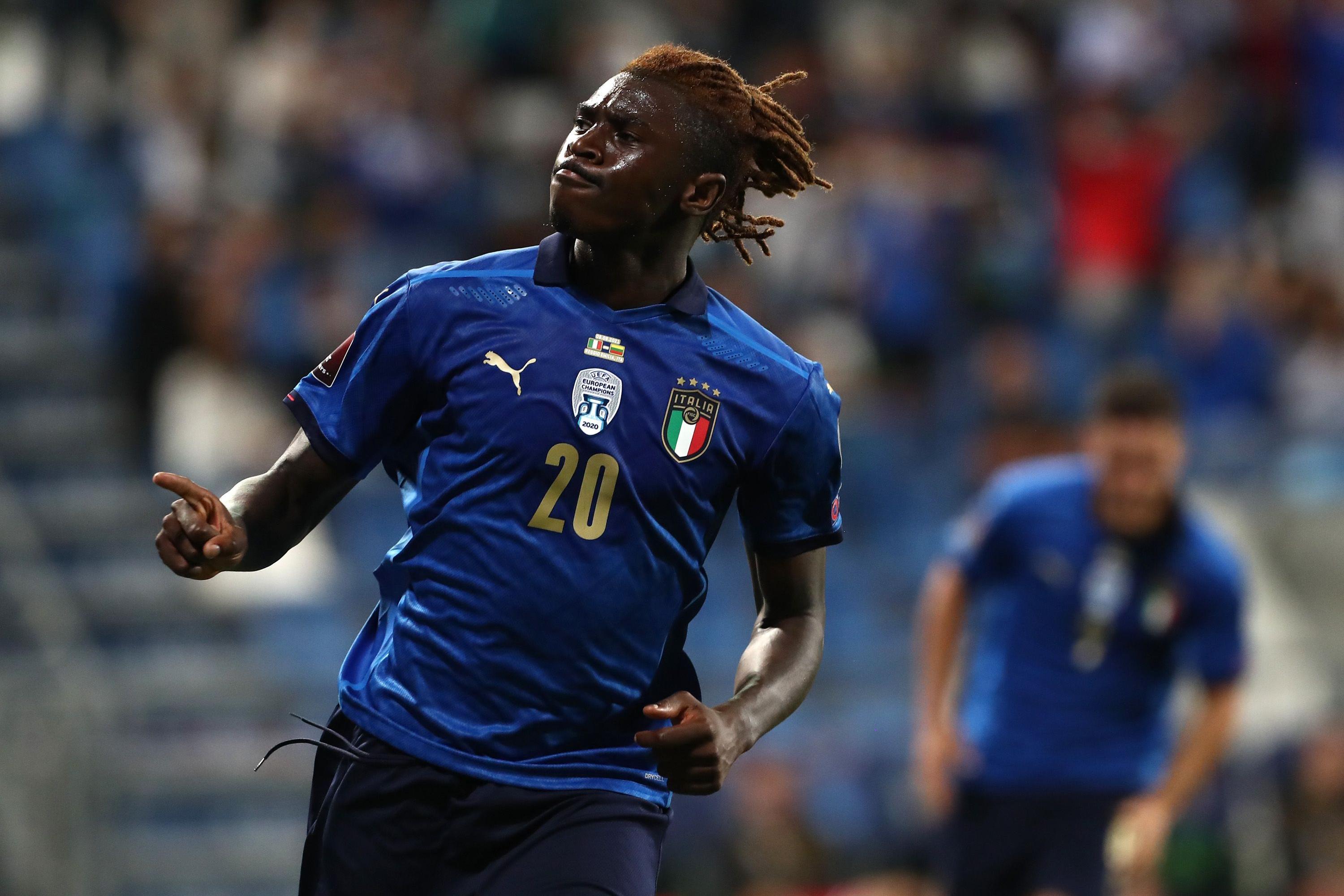 REGGIO NELL\\'EMILIA, ITALY - SEPTEMBER 08: Moise Kean of Italy celebrates his goal during the 2022 FIFA World Cup Qualifier match between Italy and Lithuania at Mapei Stadium - Citta\\' del Tricolore on September 08, 2021 in Reggio nell\\'Emilia, . (Photo by Marco Luzzani/Getty Images)