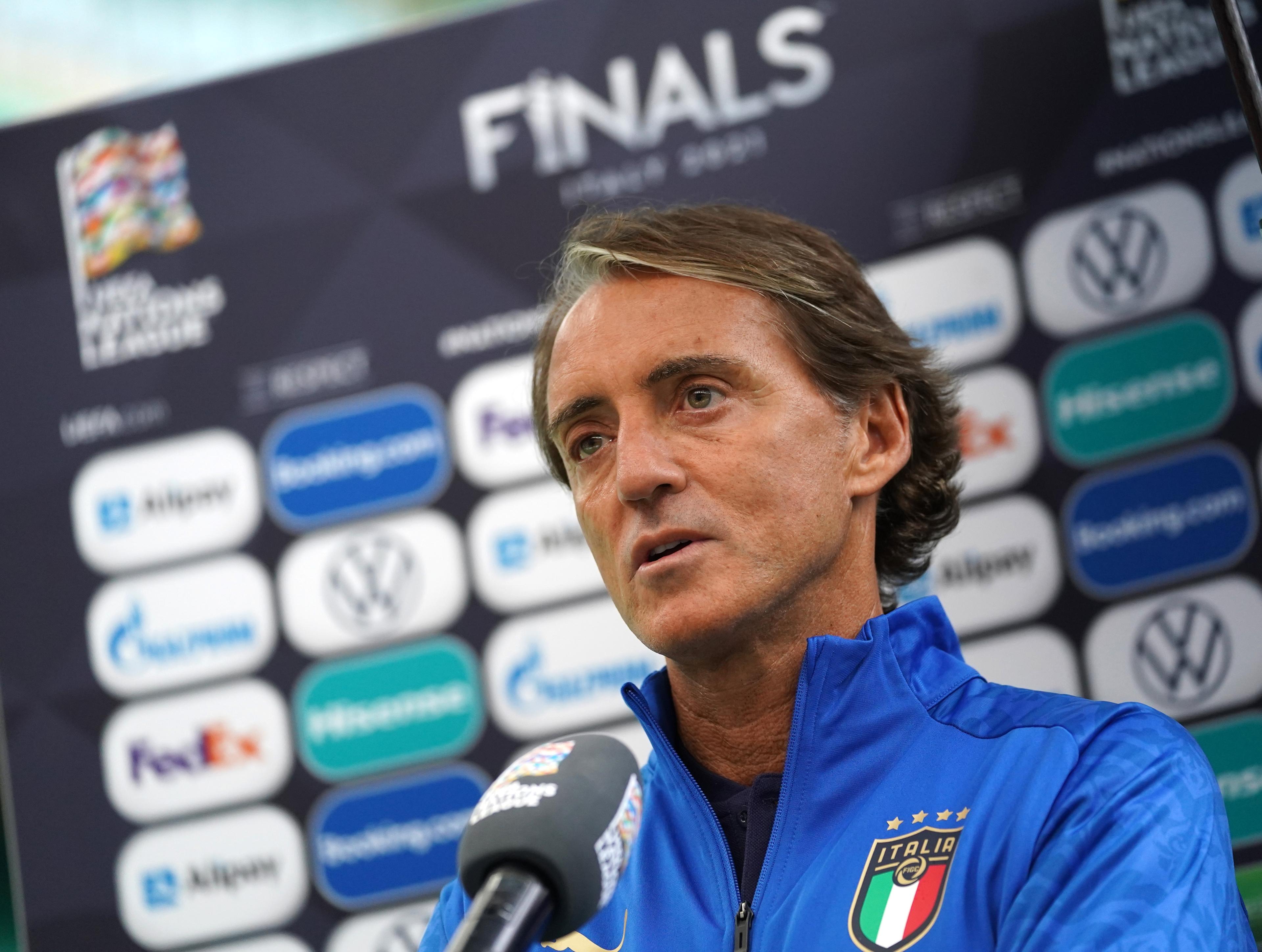 MILAN, ITALY - OCTOBER 05: Head coach Italy Roberto Mancini speaks with the media during press conference on October 05, 2021 in Milan, Italy. (Photo by Claudio Villa/Getty Images)