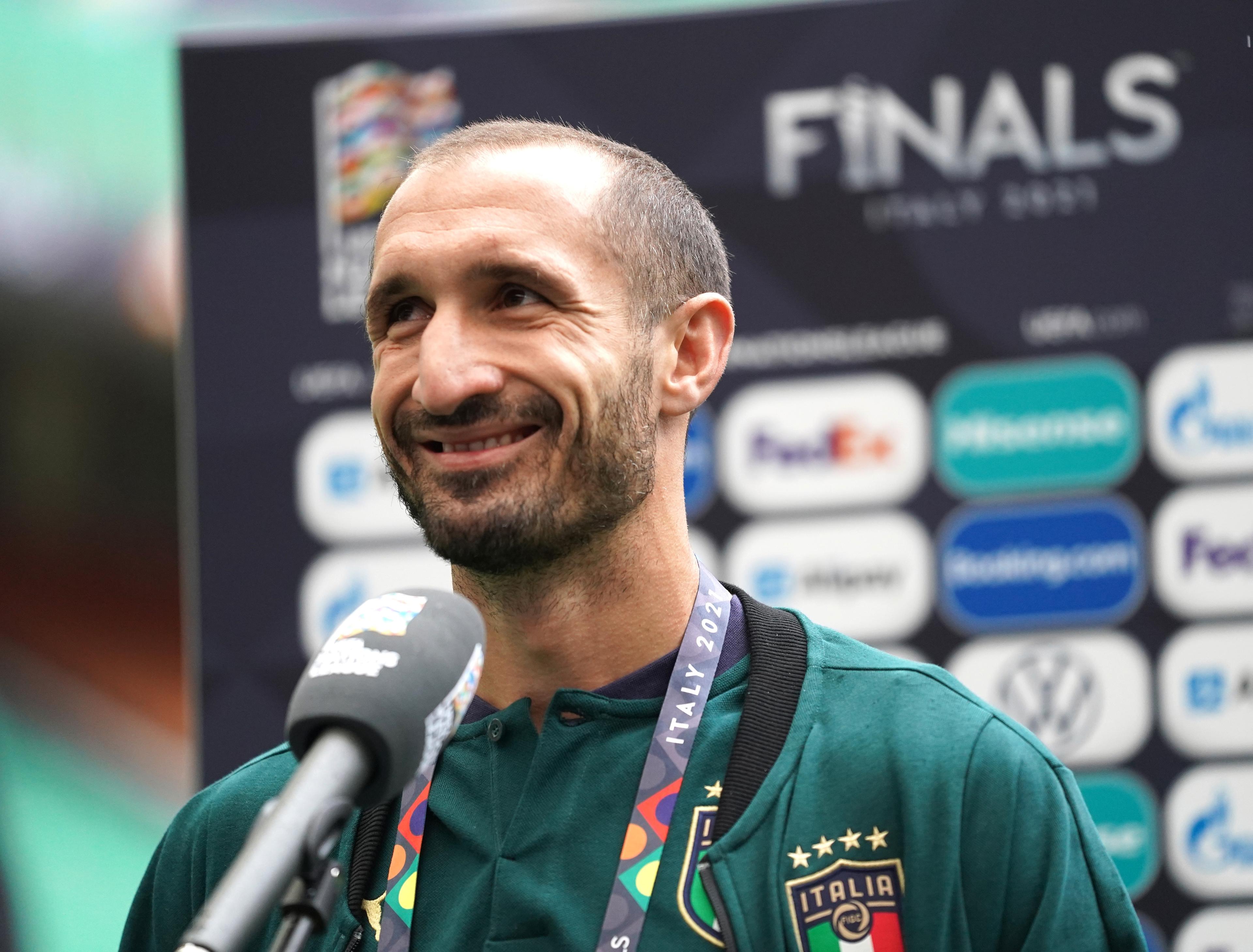 MILAN, ITALY - OCTOBER 05: Giorgio Chiellini of Italy speaks with the media during press conference on October 05, 2021 in Milan, Italy. (Photo by Claudio Villa/Getty Images)