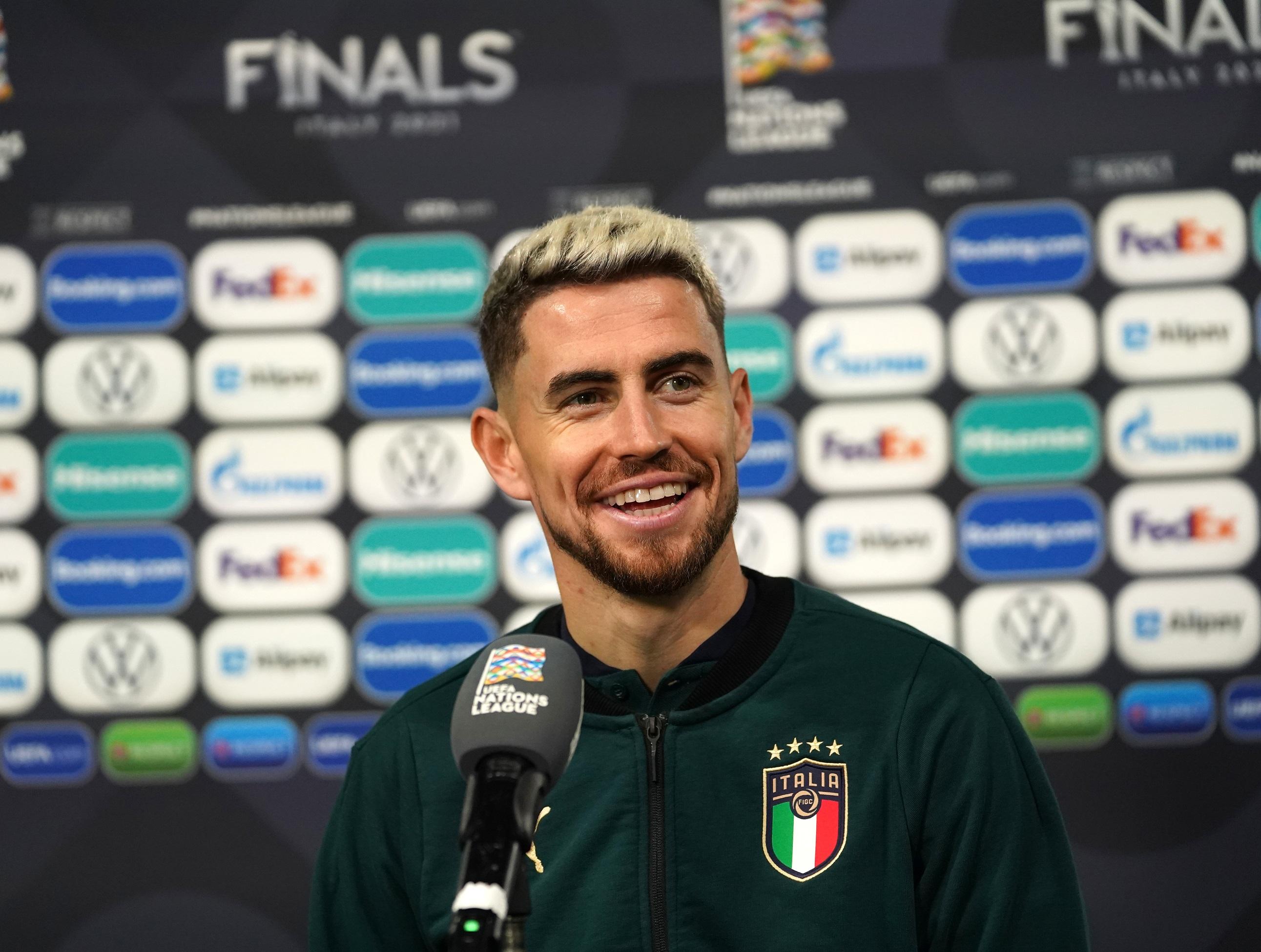 TURIN, ITALY - OCTOBER 09: Jorginho of Italy speaks with the media during a press conference on October 09, 2021 in Turin, Italy. (Photo by Claudio Villa/Getty Images)