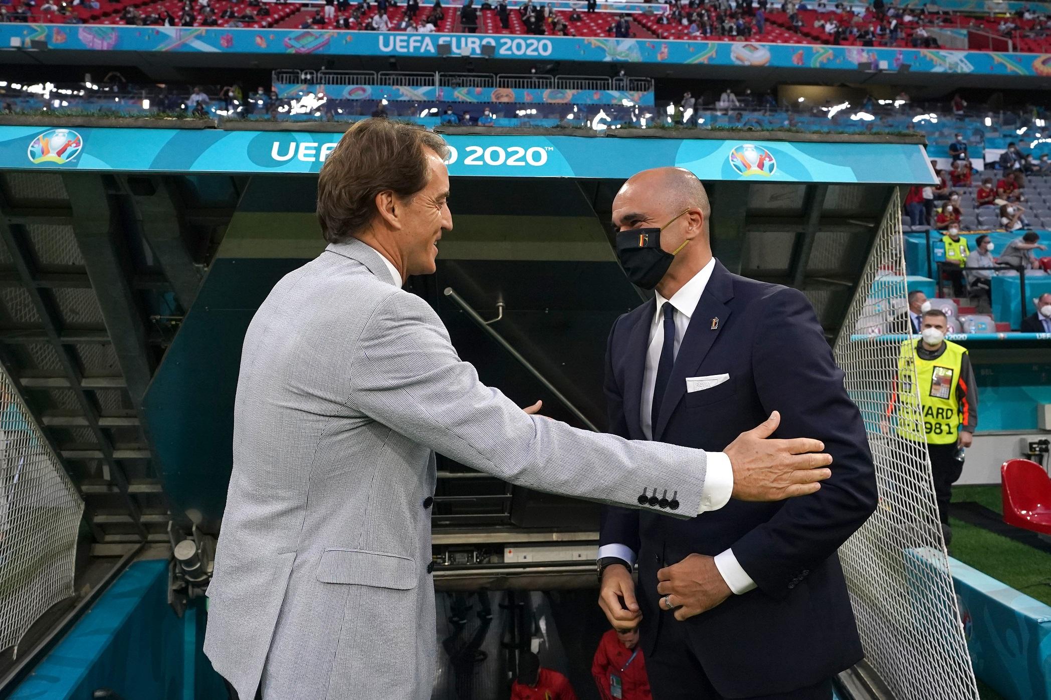 MUNICH, GERMANY - JULY 02: Head coach Italy Roberto Mancini and head coach Belgium Roberto Mart\\u00C3\\u00ADnez attend during the UEFA Euro 2020 Championship Quarter-final match between Belgium and Italy at Football Arena Munich on July 02, 2021 in Munich, Germany. (Photo by Claudio Villa/Getty Images)