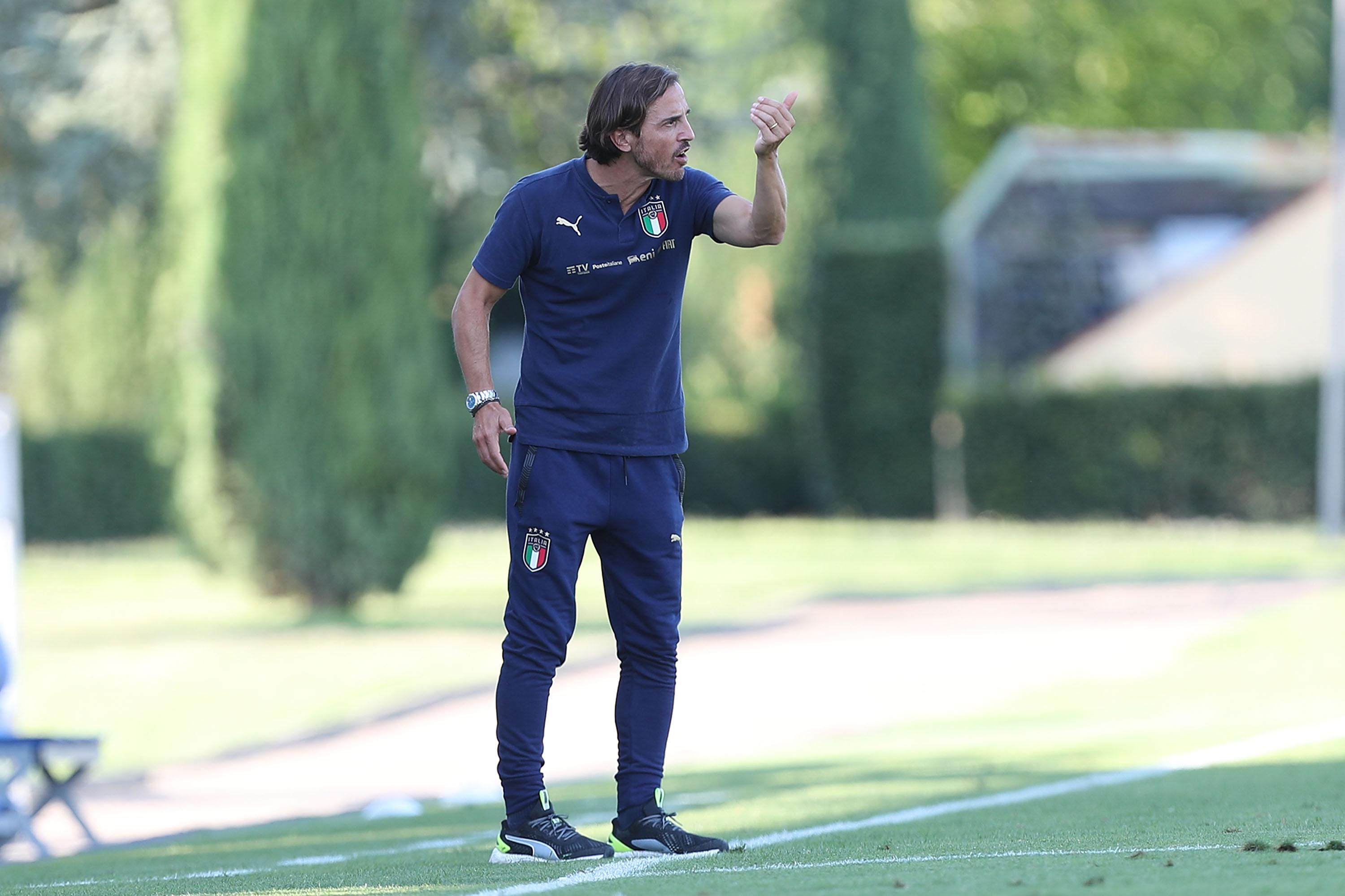 FLORENCE, ITALY - AUGUST 12: Daniele Franceschini manager gestures of Italy U18 between match Italy U18 and Albania U18 at Centro Tecnico Federale di Coverciano on August 12, 2021 in Florence, Italy. (Photo by Gabriele Maltinti/Getty Images)