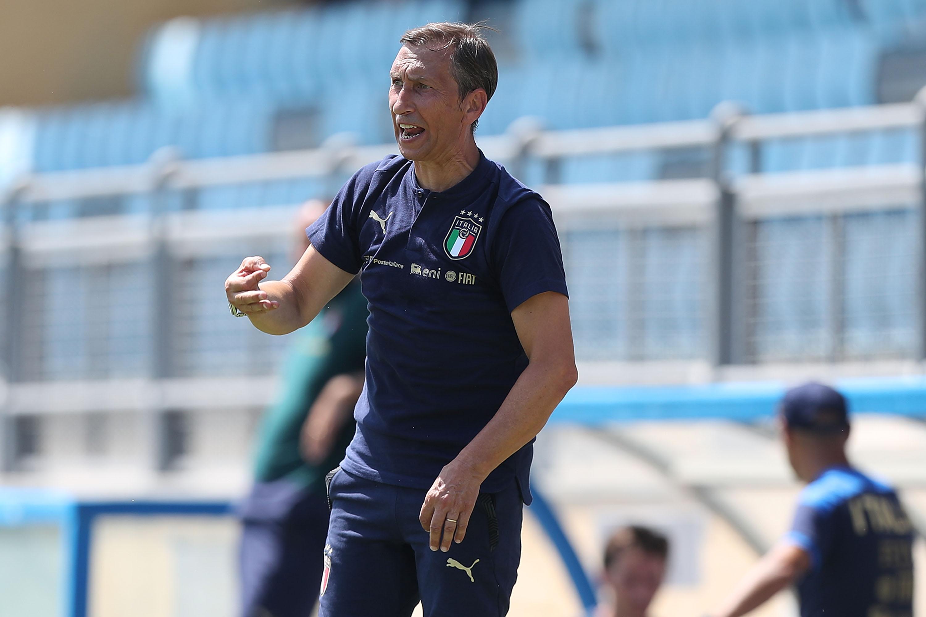 FLORENCE, ITALY - AUGUST 13: Carmine Nunziata manager of Italy U19 gestures during the match between Italy U19 and Albania U19 at Centro Tecnico Federale di Coverciano on August 13, 2021 in Florence, Italy. (Photo by Gabriele Maltinti/Getty Images)