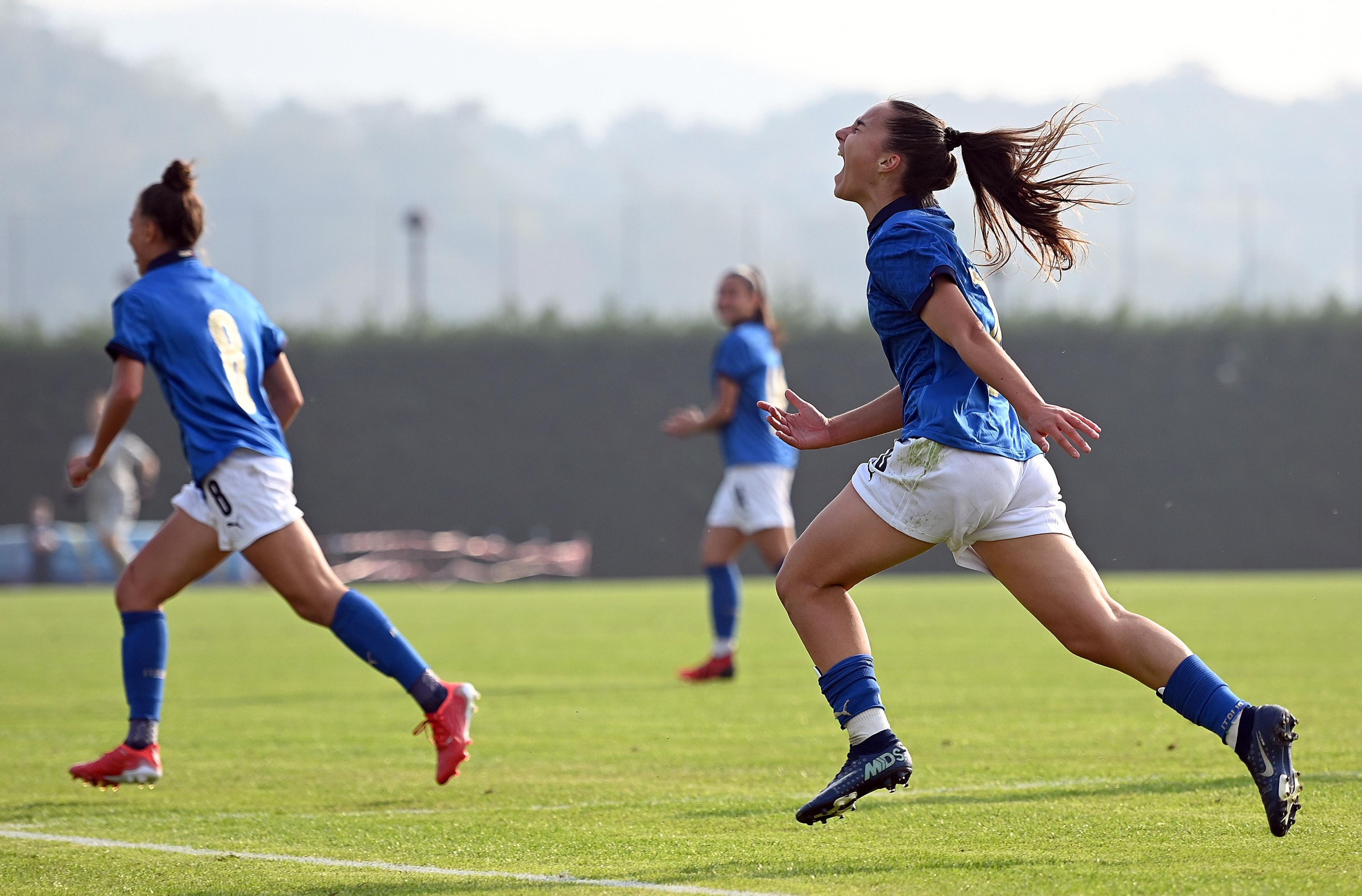 PADOVA, ITALY - OCTOBER 20: Nicole Arcageli of Italy celebrates after scoring the opening goal during the UEFA European Women's Under-19 Championship Round 1 match between Poland and Italy on October 20, 2021 in Abano Terme near Padova, Italy. (Photo by Alessandro Sabattini/Getty Images)