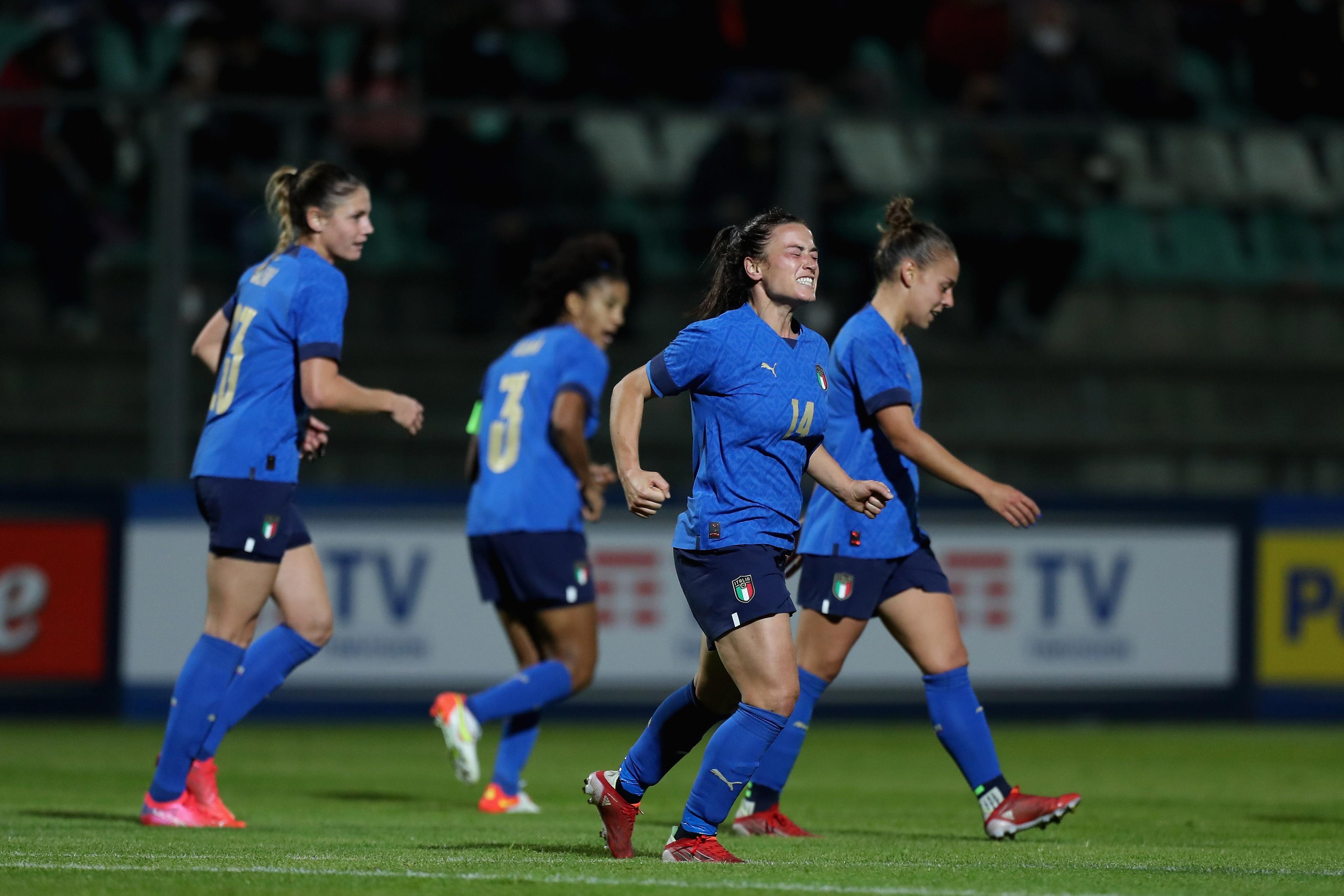 CASTEL DI SANGRO, ITALY - OCTOBER 22: Valeria Pirone of Italy celebrates after scoring the team's third goal during the FIFA Women's World Cup Qualifier match between Italy and Croatia on October 22, 2021 in Castel di Sangro, Italy. (Photo by Paolo Bruno/Getty Images) *** Local Caption *** Valeria Pirone