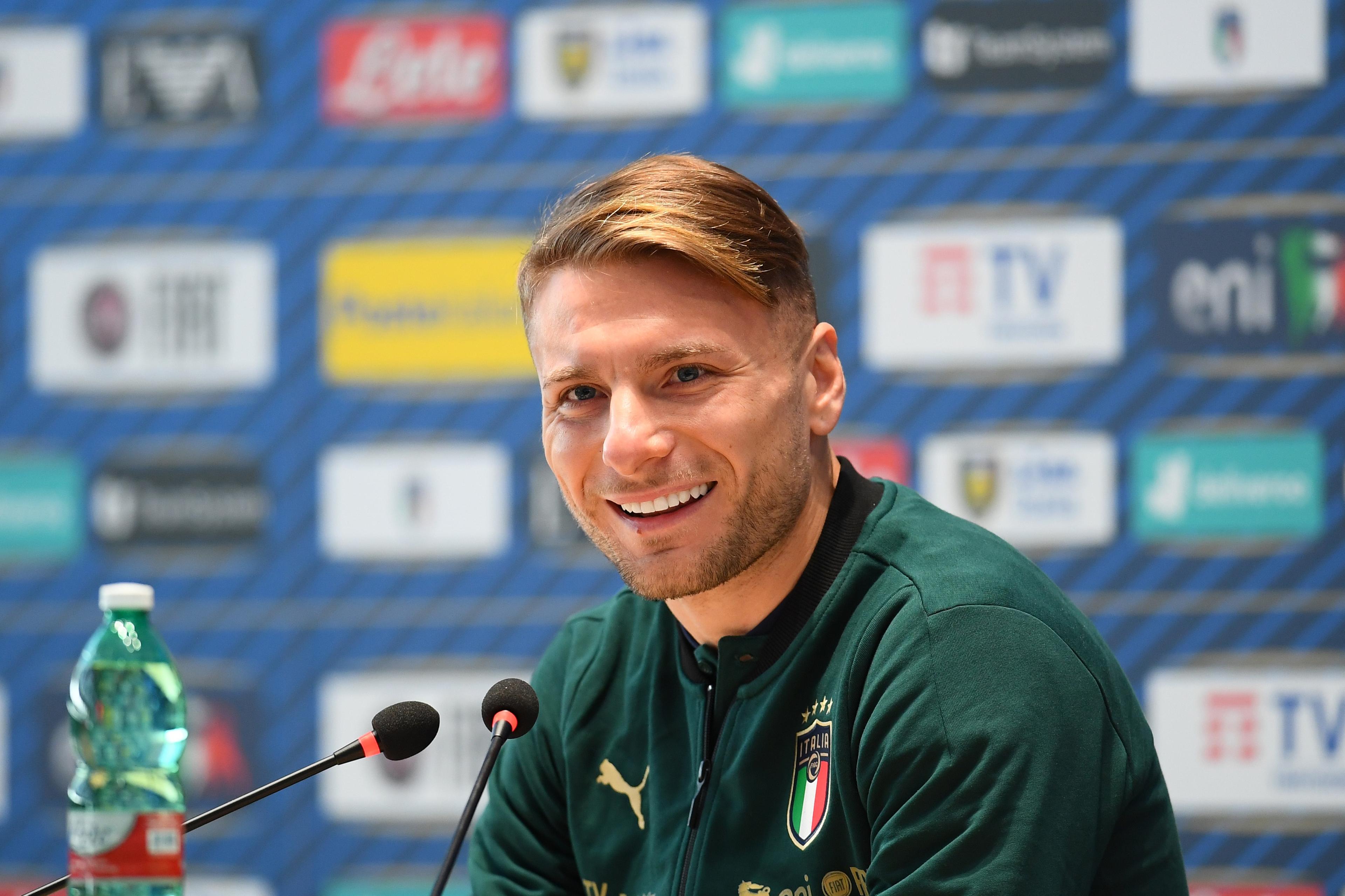 FLORENCE, ITALY - NOVEMBER 09: Ciro Immobile of Italy speaks with the media during a Italy training session at Centro Tecnico Federale di Coverciano on November 09, 2021 in Florence, Italy. (Photo by Claudio Villa/Getty Images)