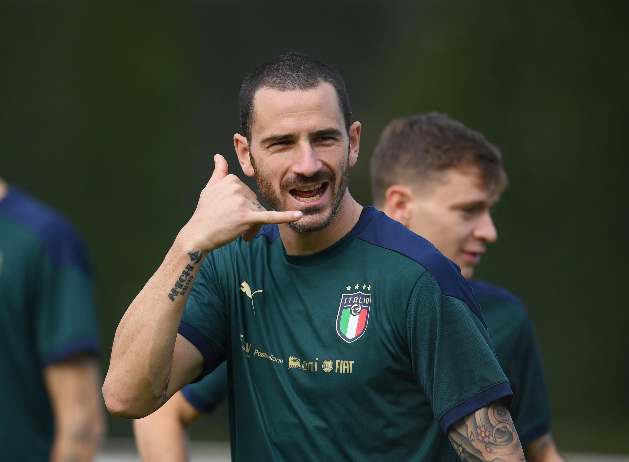 FLORENCE, ITALY - NOVEMBER 10: Leonardo Bonucci of Italy in action during a Italy training session at Centro Tecnico Federale di Coverciano on November 10, 2021 in Florence, Italy. (Photo by Claudio Villa/Getty Images)