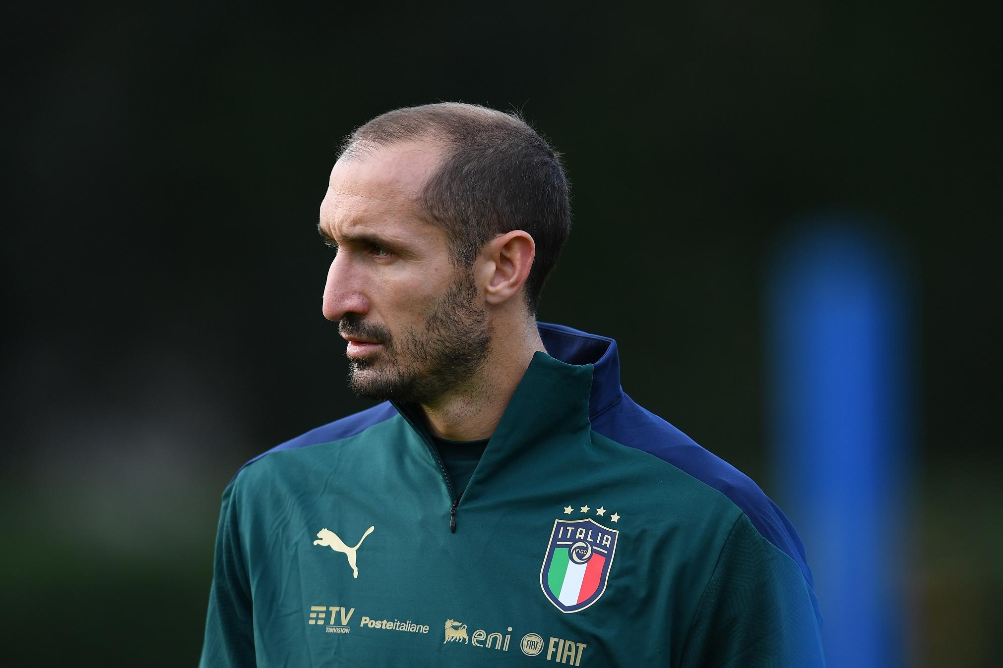 FLORENCE, ITALY - NOVEMBER 09: Giorgio Chiellini of Italy in action during a Italy training session at Centro Tecnico Federale di Coverciano on November 09, 2021 in Florence, Italy. (Photo by Claudio Villa/Getty Images)