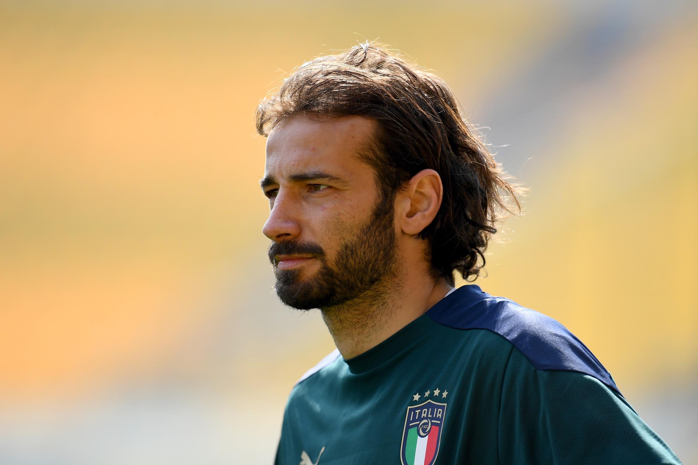 PARMA, ITALY - MARCH 26: Gian Marco Ferrari of Italy looks on during a Italy training session  at Stadio Ennio Tardini on March 26, 2021 in Parma, Italy. (Photo by Claudio Villa/Getty Images)