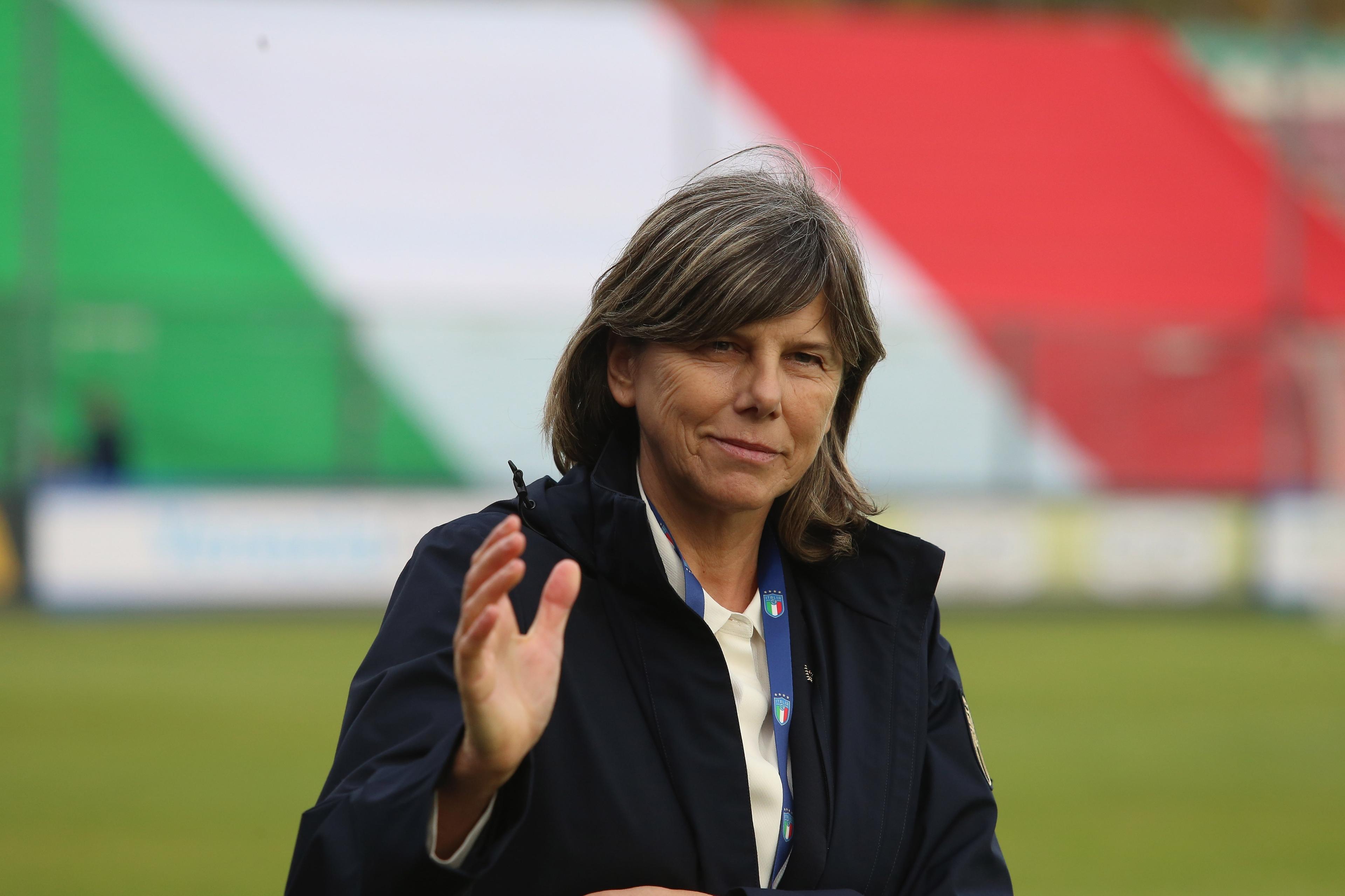 CASTEL DI SANGRO, ITALY - OCTOBER 22: Italy women head coach Milena Bertolini looks on during the FIFA Women's World Cup Qualifier match between Italy and Croatia on October 22, 2021 in Castel di Sangro, Italy. (Photo by Paolo Bruno/Getty Images) *** Local Caption *** Milena Bertolini