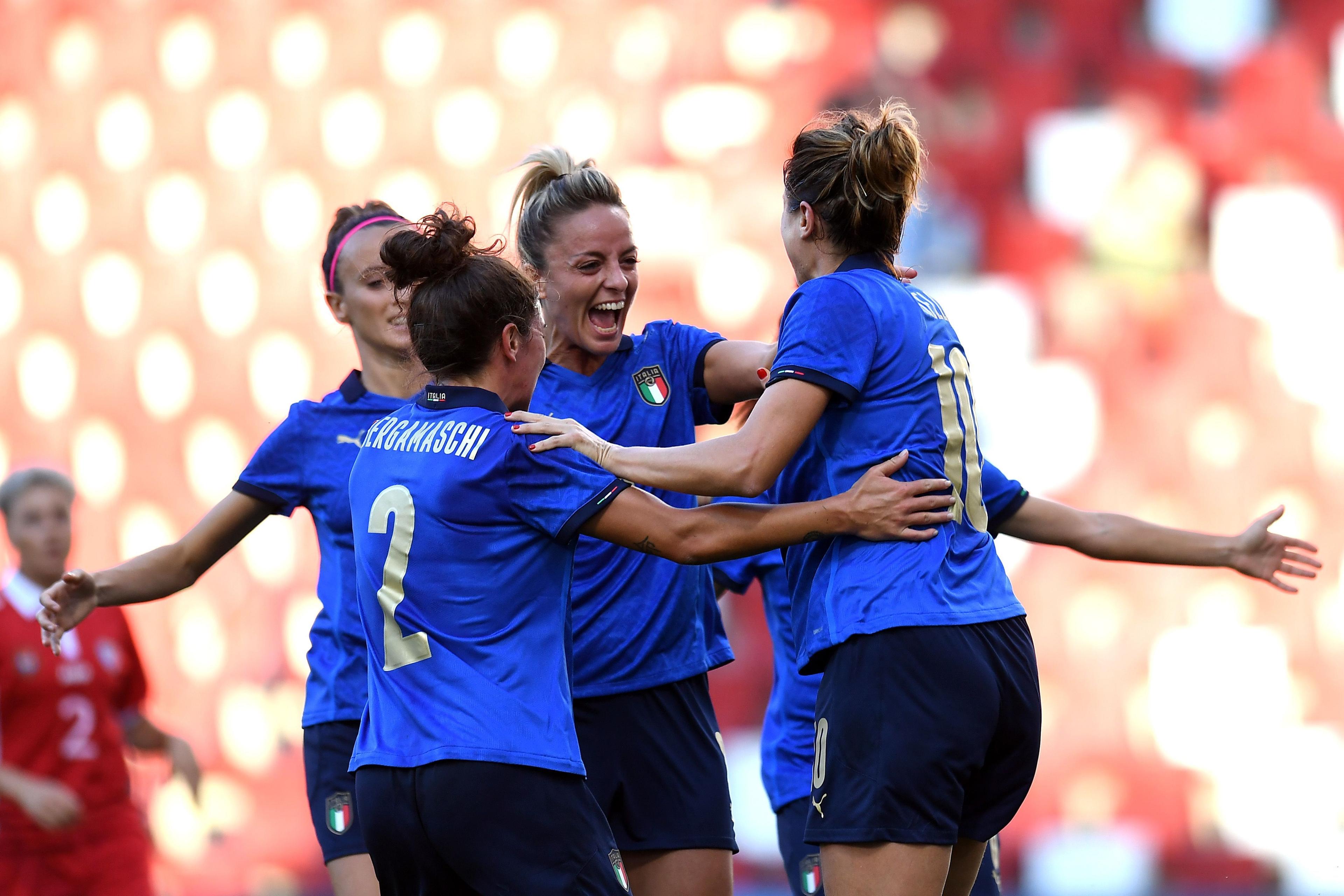 TRIESTE, ITALY - SEPTEMBER 17: Cristiana Girelli of Italy Women  celebrates after scoring his team second goal during the FIFA Women\\'s World Cup 2023 Qualifier group G match between Italy and Moldova at Stadio Nereo Rocco on September 17, 2021 in Trieste , Italy. (Photo by Alessandro Sabattini/Getty Images)