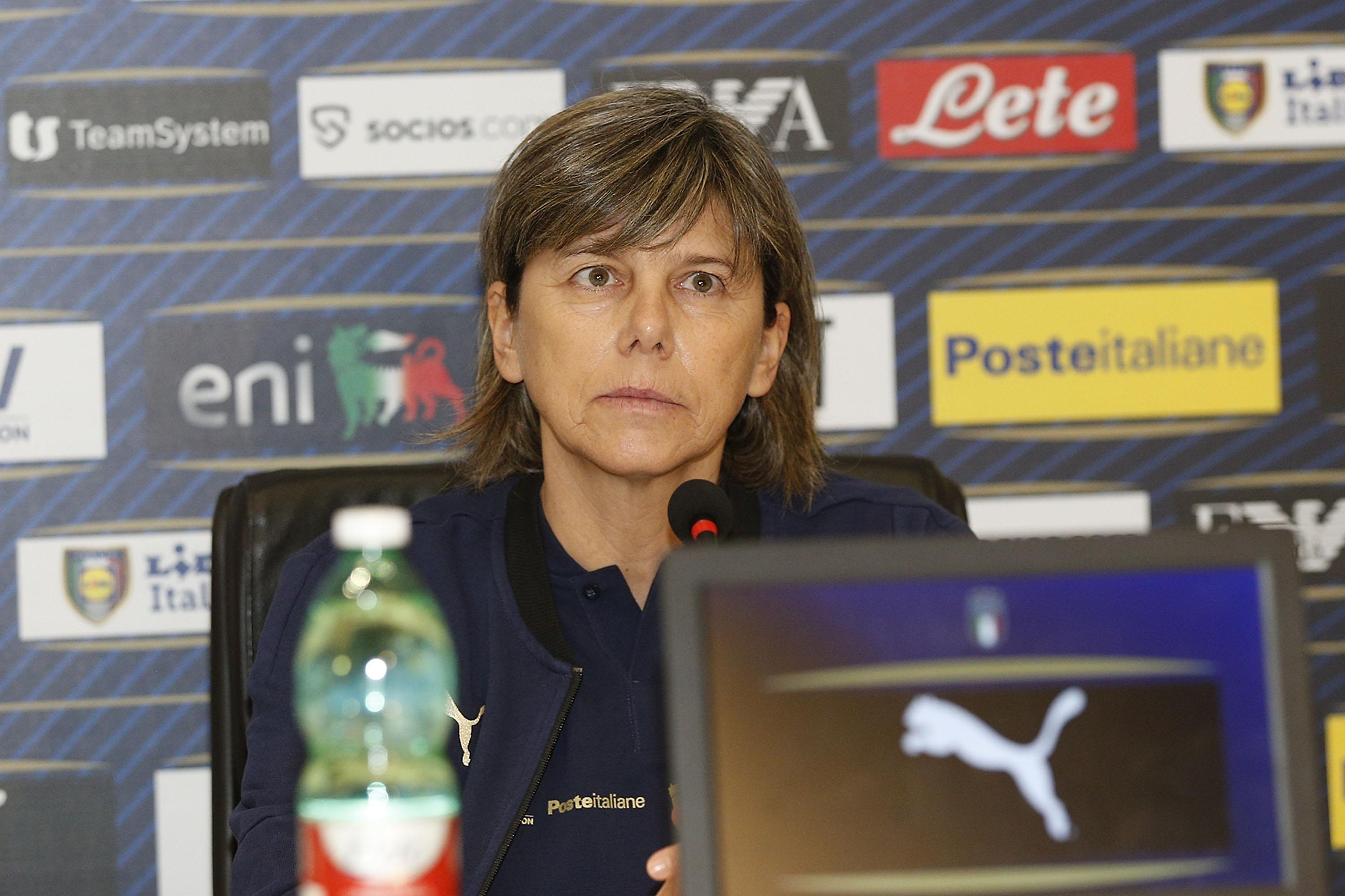 FLORENCE, ITALY - NOVEMBER 25: Milena Bertolini manager of Italy Women looks on during the press conference at Centro Tecnico Federale di Coverciano on November 25, 2021 in Florence, Italy. (Photo by Gabriele Maltinti/Getty Images) *** Local Caption *** Milena Bertolini