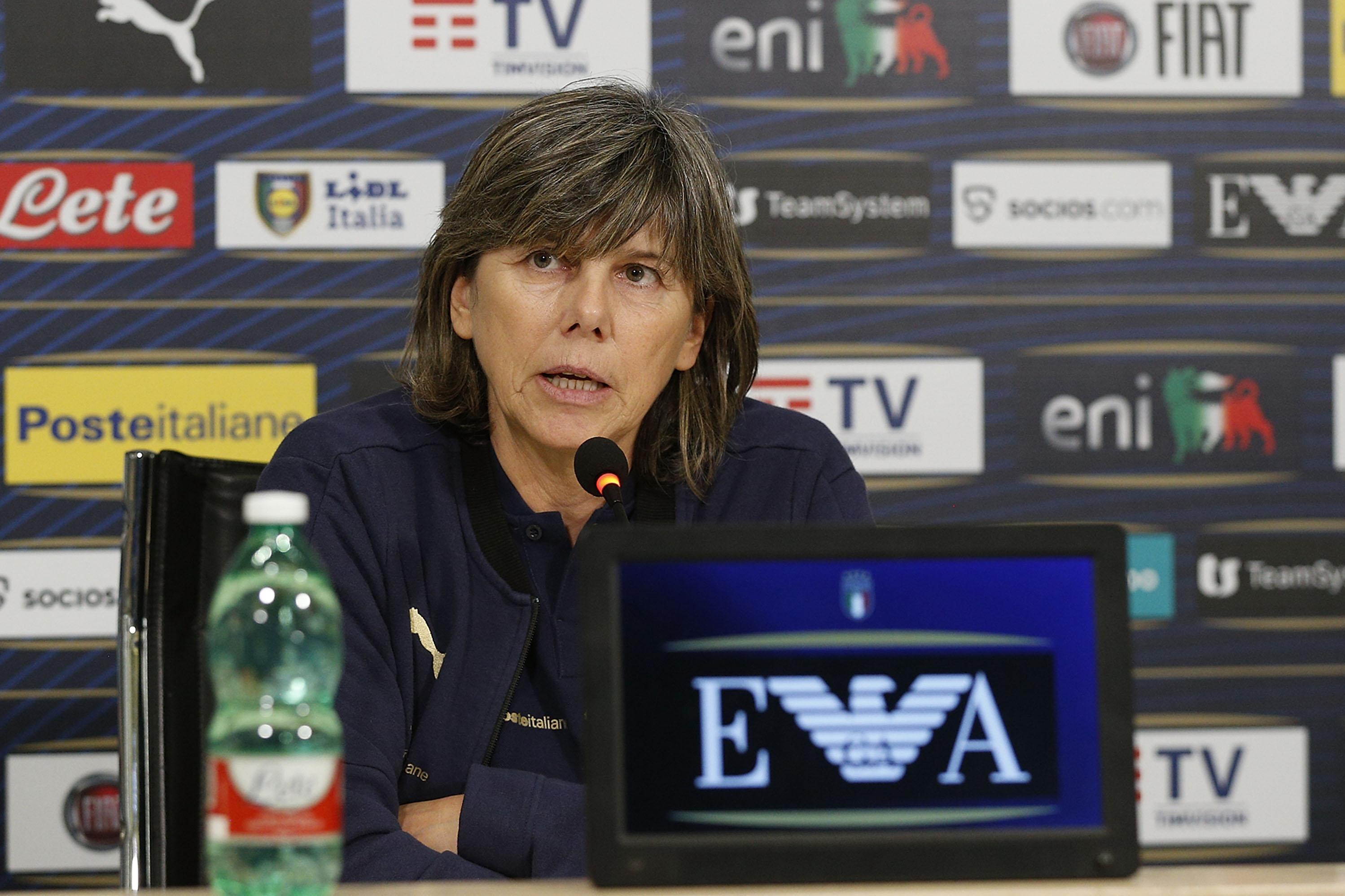 FLORENCE, ITALY - NOVEMBER 22: Milena Bertolini manager of Italy Women looks on during the press conference at Centro Tecnico Federale di Coverciano on November 22, 2021 in Florence, Italy.  (Photo by Gabriele Maltinti/Getty Images)