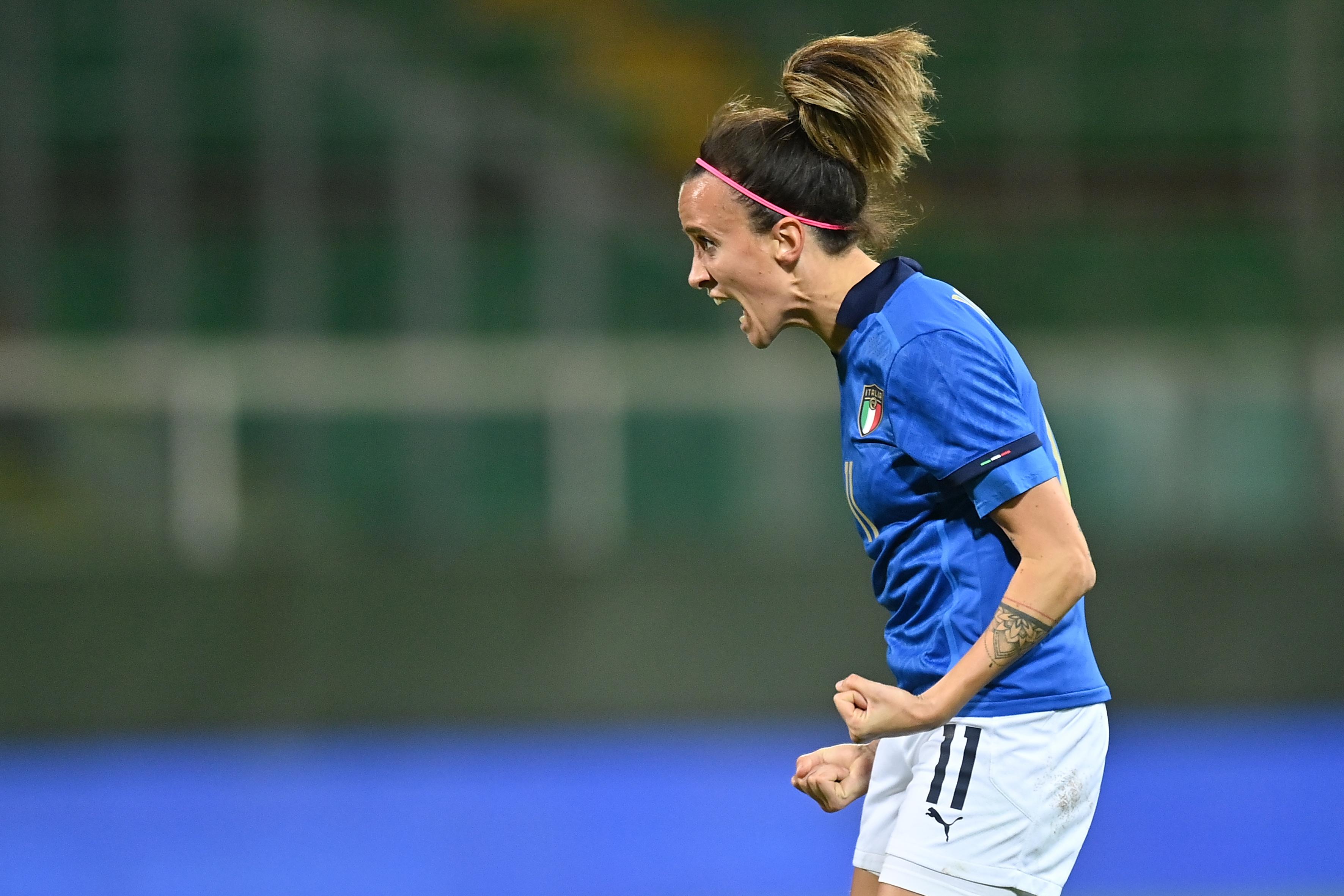 PALERMO, ITALY - NOVEMBER 26: Barbara Bonansea of Italy celebrates after scoring their side first goal during the FIFA Women's World Cup 2023 Qualifier group G match between Italy and Switzerland at on November 26, 2021 in Palermo , Italy. (Photo by Tullio M. Puglia/Getty Images)