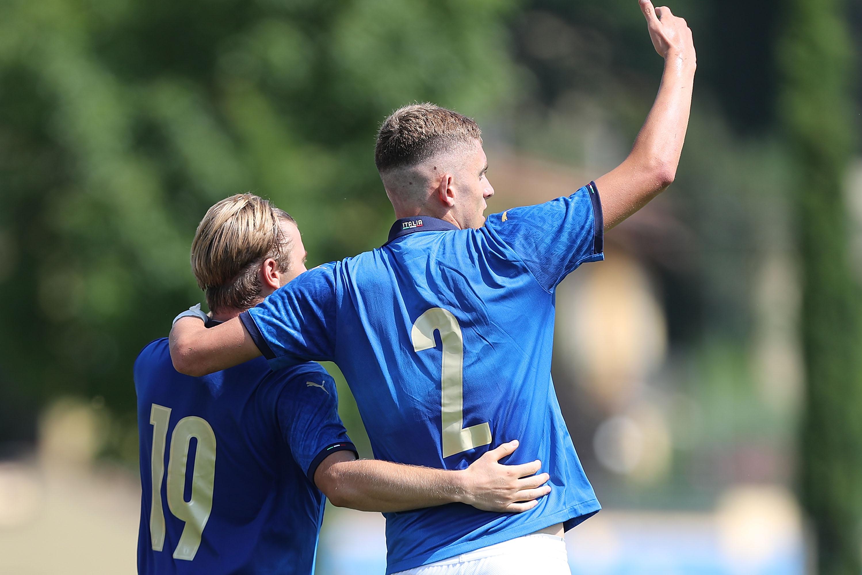 FLORENCE, ITALY - AUGUST 13: Tommaso De Nipoti of Italy U19 celebrates after scoring a goal during the match between Italy U19 and Albania U19 at Centro Tecnico Federale di Coverciano on August 13, 2021 in Florence, Italy.  (Photo by Gabriele Maltinti/Getty Images)